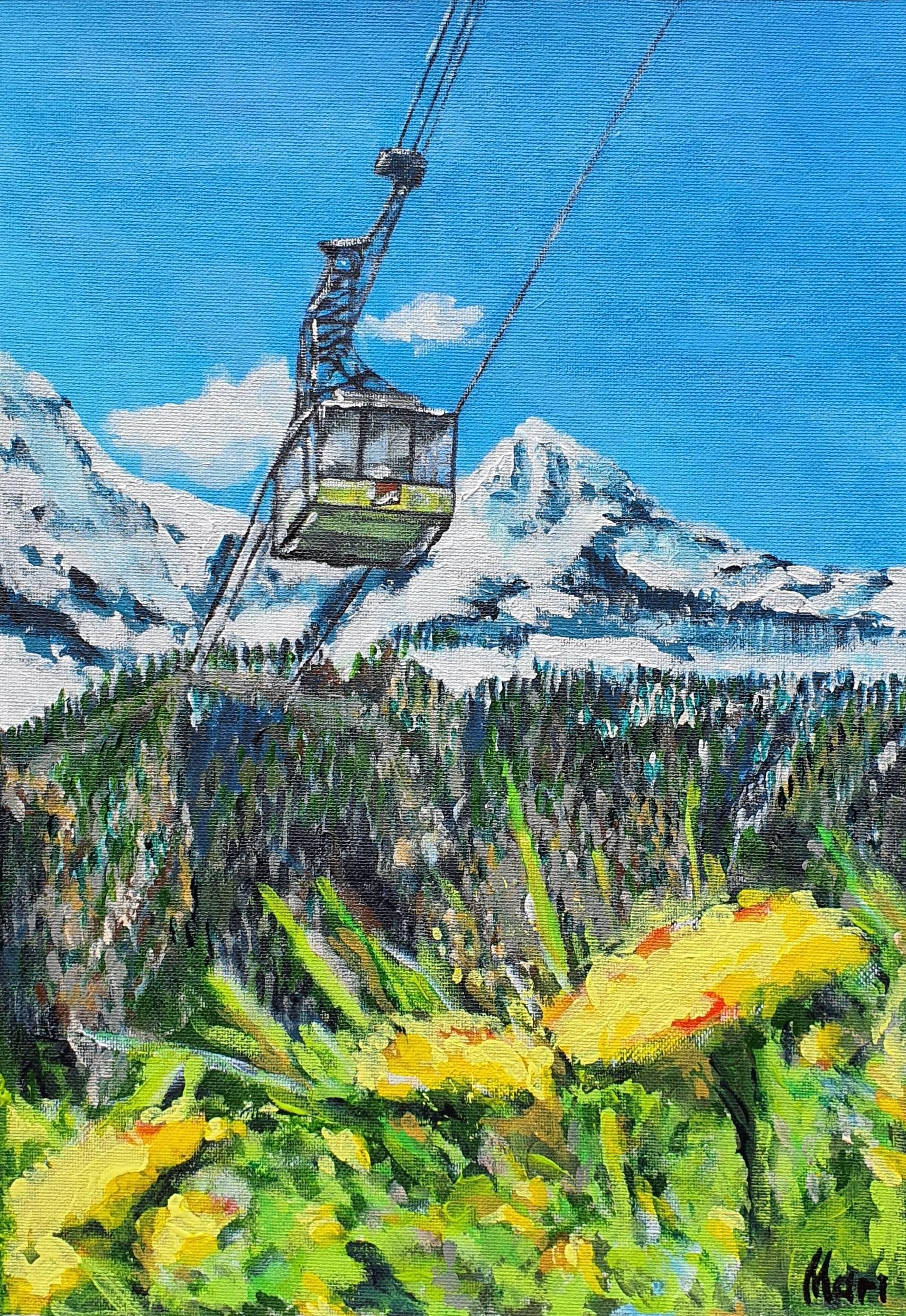 Shipped in roll 
This original painting captures the timeless charm of a bright blue sky - an elegant addition for collectors and art lovers.
Each evening I lose myself in photos of Switzerland’s serene mountain railways, imagining the crisp alpine