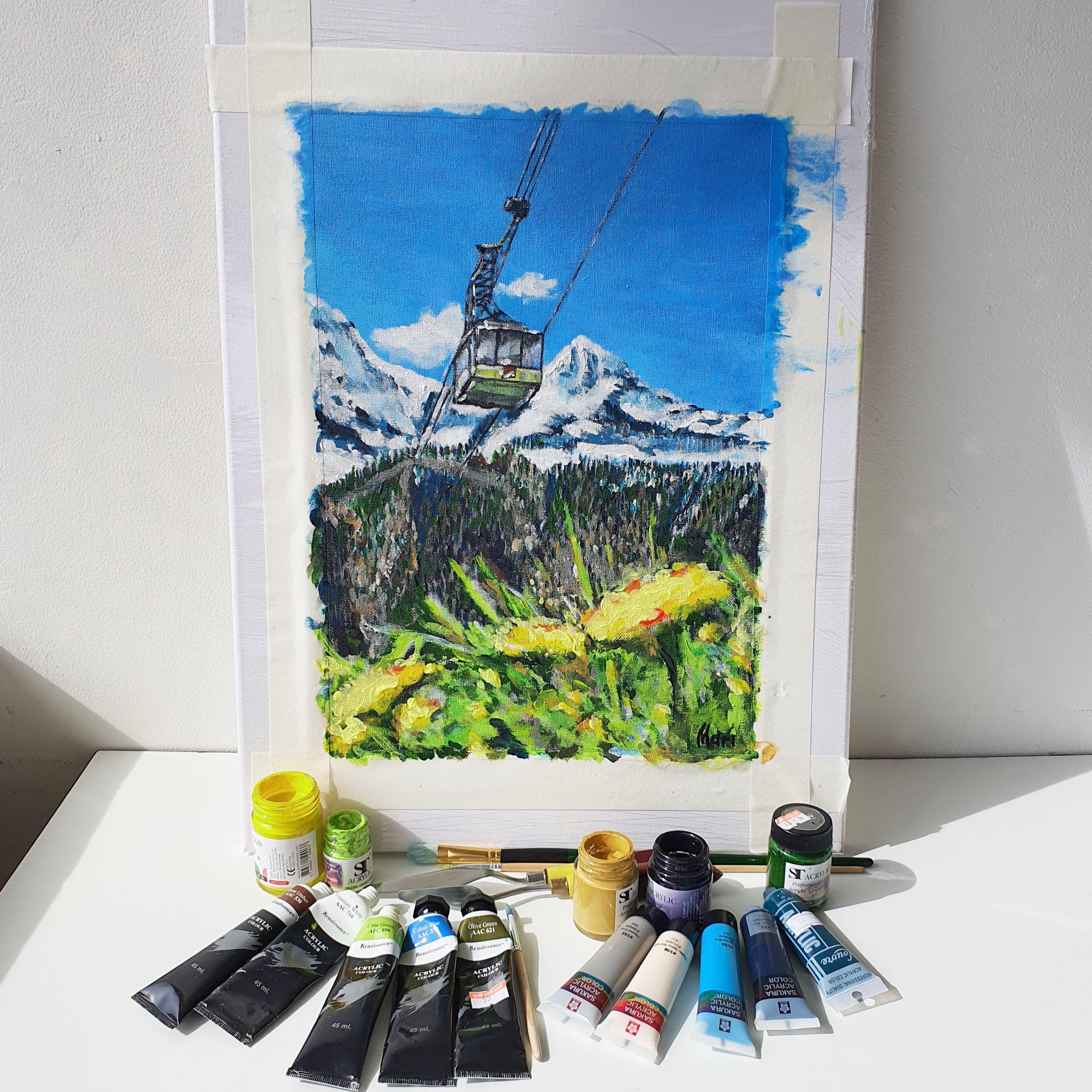 Jungfraujoch Switzerland Cable Car Painting Original Art Alpine Snow Mountain Vi For Sale 1