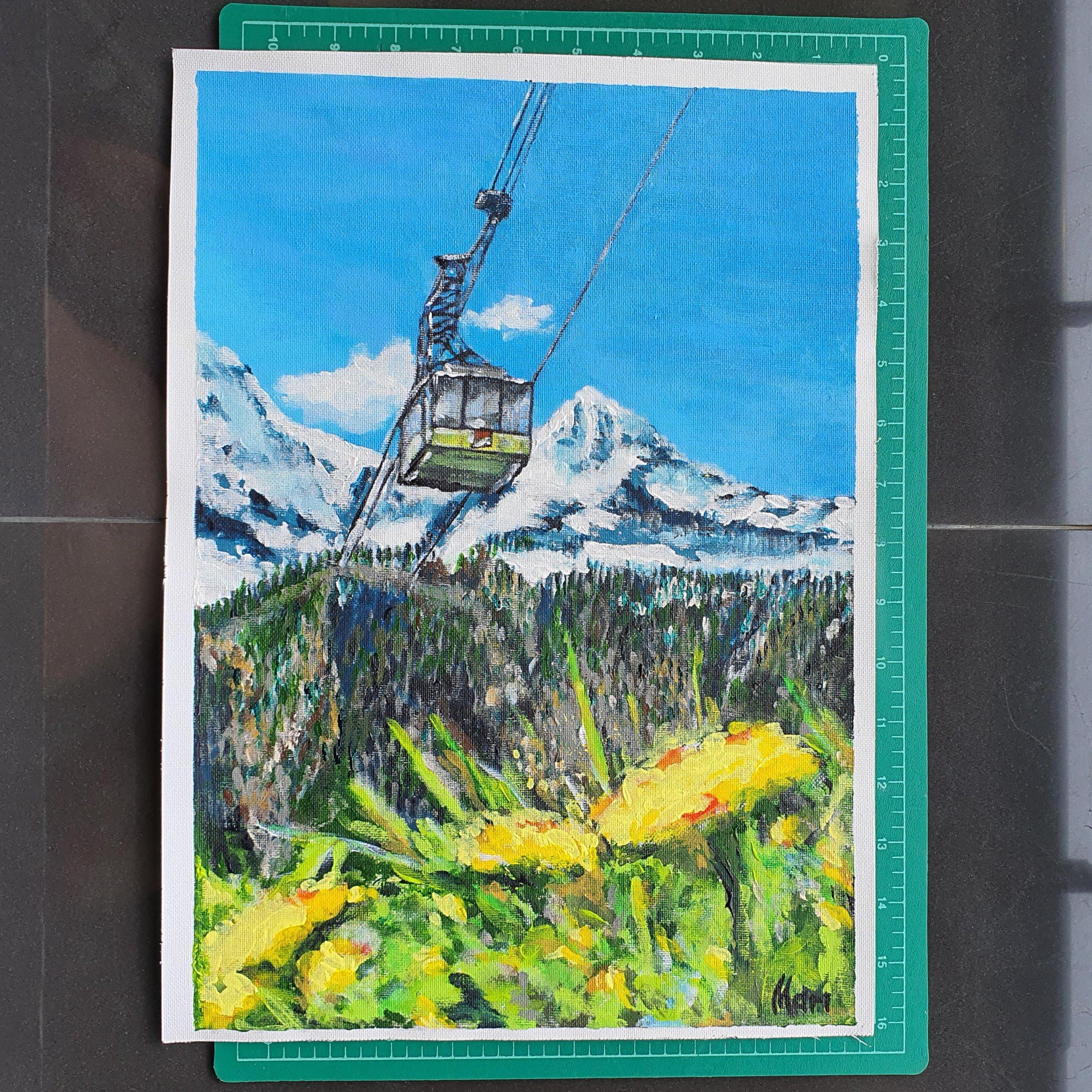 Jungfraujoch Switzerland Cable Car Painting Original Art Alpine Snow Mountain Vi For Sale 3