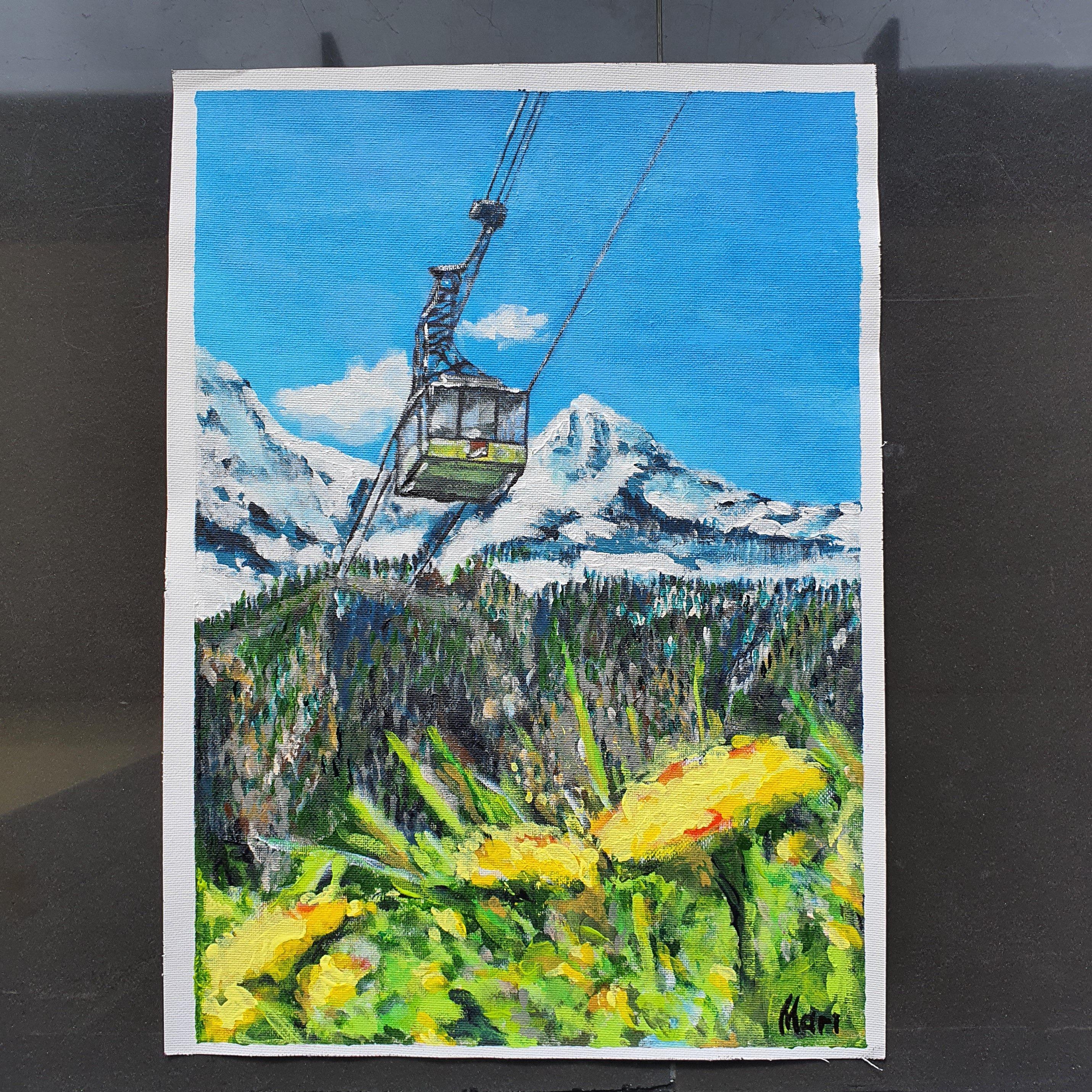 Jungfraujoch Switzerland Cable Car Painting Original Art Alpine Snow Mountain Vi For Sale 4