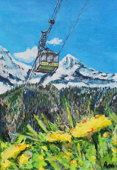 Jungfraujoch Switzerland Cable Car Painting Original Art Alpine Snow Mountain Vi