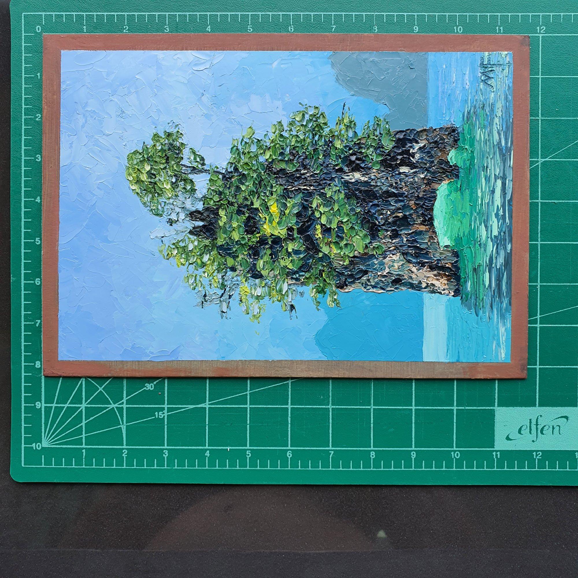 Inspirée par des paysages tropicaux à couper le souffle, cette peinture originale représente une île étonnante émergeant d'eaux turquoises. Les coups de pinceau texturés et les couleurs superposées créent de la profondeur et du réalisme, ce qui en