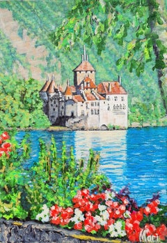 Marina Fisher - Lake Painting Chillon Castle Switzerland Original Landscape Wall Artwork Lake Painting Chillon Castle Switzerland Original Landscape Wall Artwork