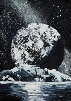 Moon Landscape Painting Original Celestial Wall Art Lunar Night Sky Seascape Bla