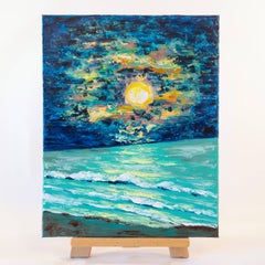 Moonlit Ocean Seascape Painting Original Coastal Wall Art Night Beach Landscape