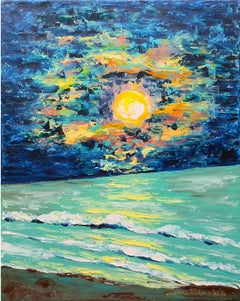 Moonlit Ocean Seascape Painting Original Coastal Wall Art Night Beach Landscape