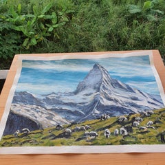 Mountain Landscape Painting with Sheep, Acrylic on Canvas, Signed