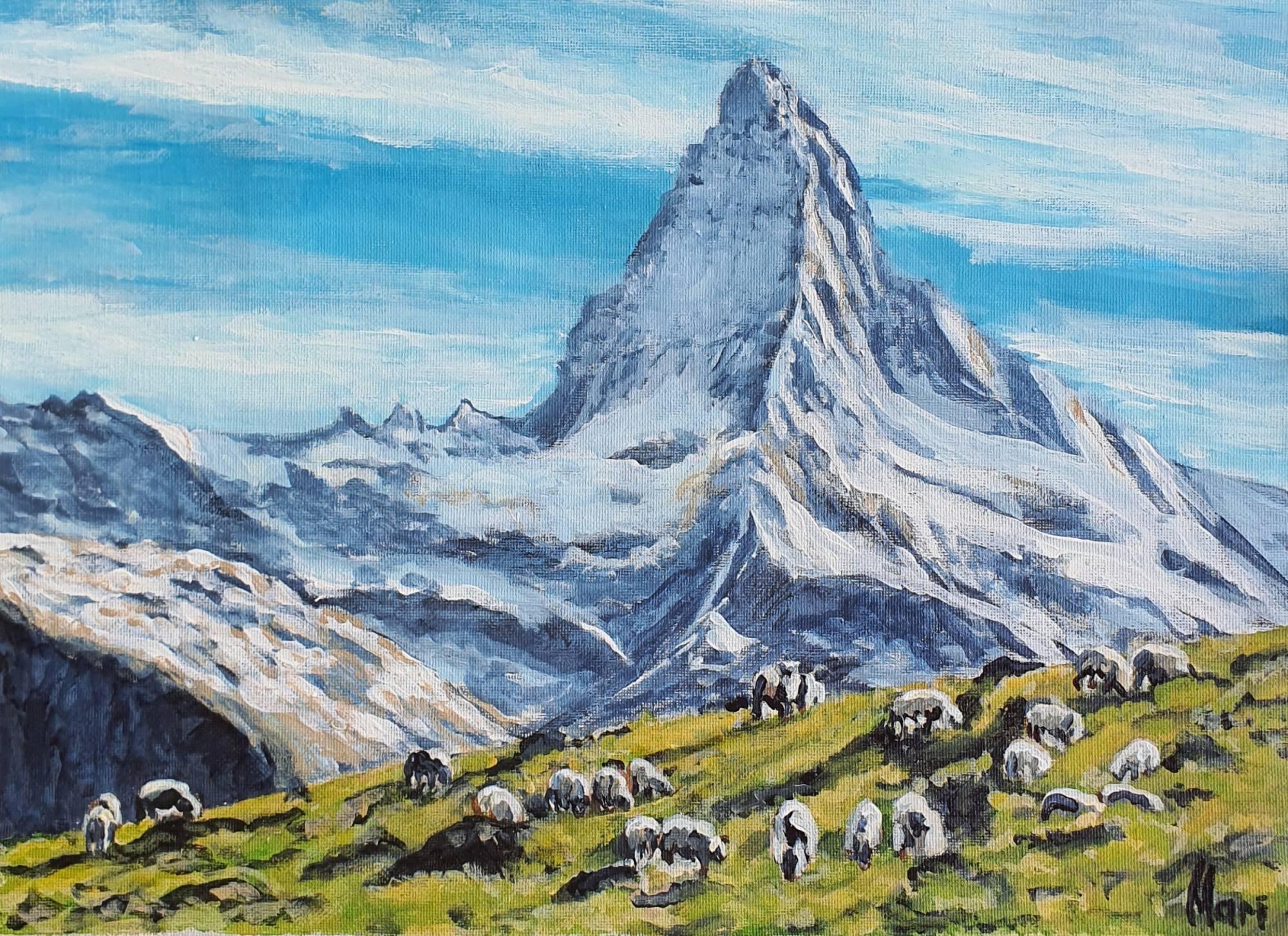 Mountain Landscape Painting with Sheep, Acrylic on Canvas, Signed