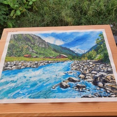 Bergflusslandschaft Gemälde, Acryl auf Leinwand, Signiert, 31x41 cm