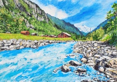 Mountain River Landscape Painting, Acrylic on Canvas, Signed, 31x41 cm
