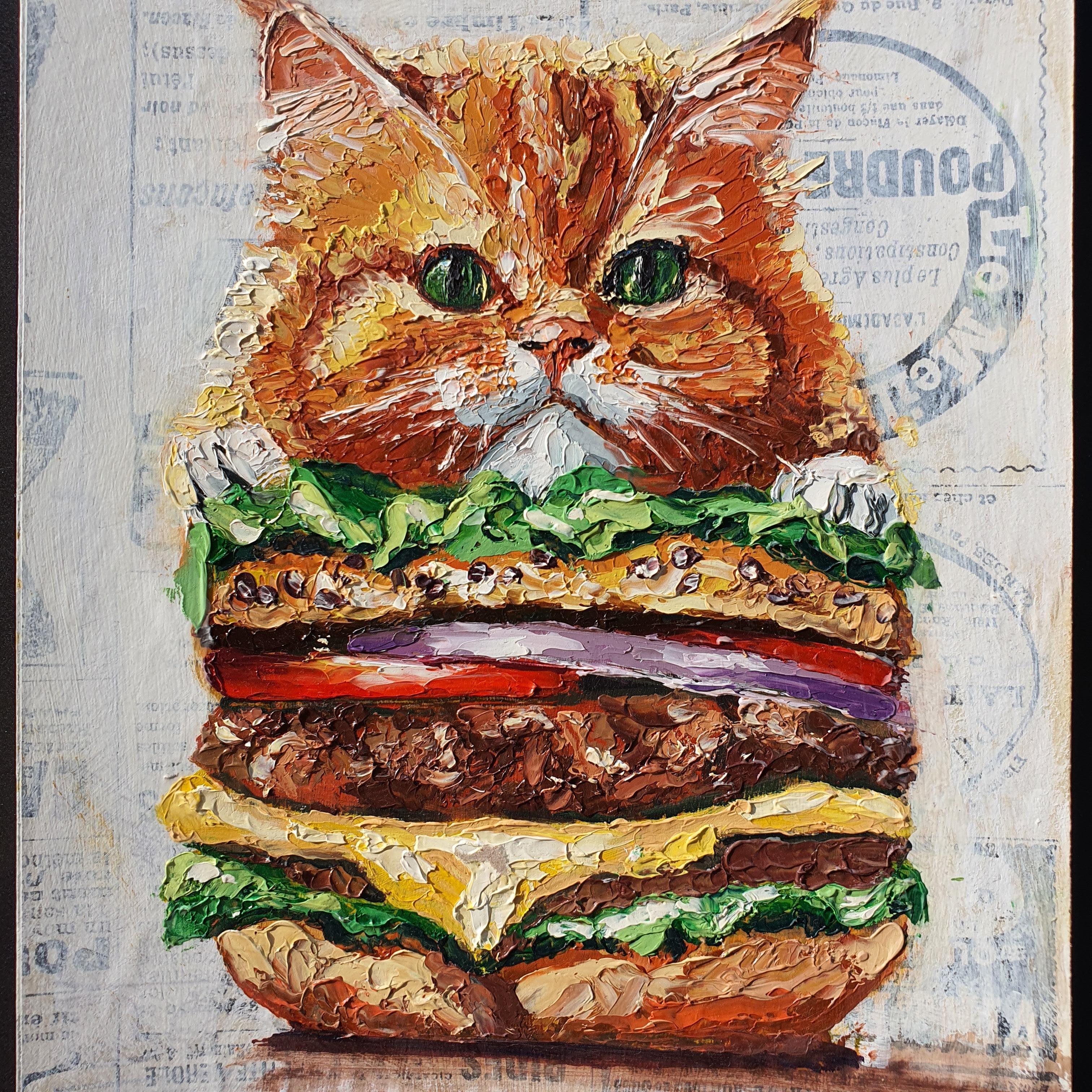 Opera d'arte originale di una divertente combinazione di gatti e hamburger ideale per il cibo e gli animali in vendita 5