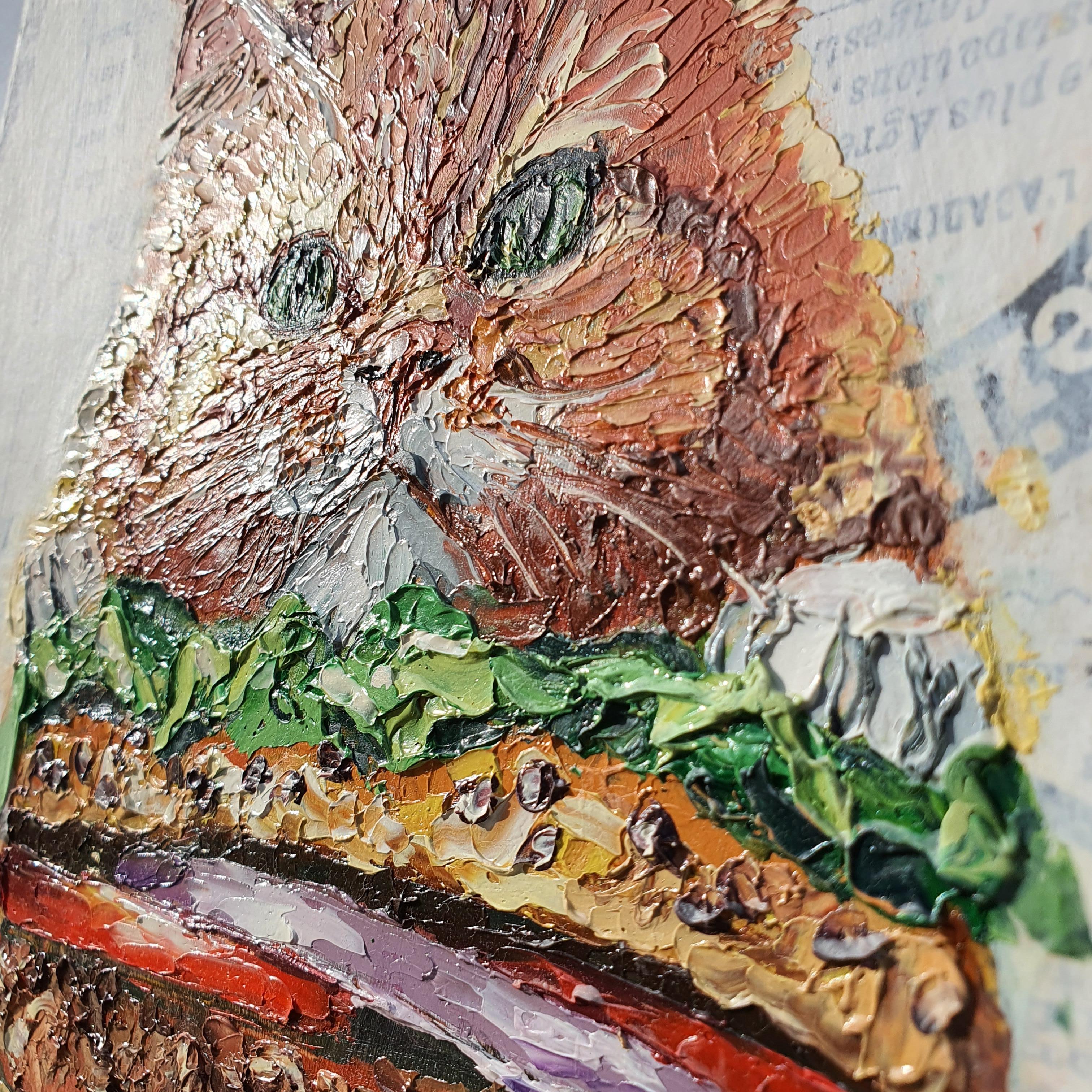 Opera d'arte originale di una divertente combinazione di gatti e hamburger ideale per il cibo e gli animali in vendita 6