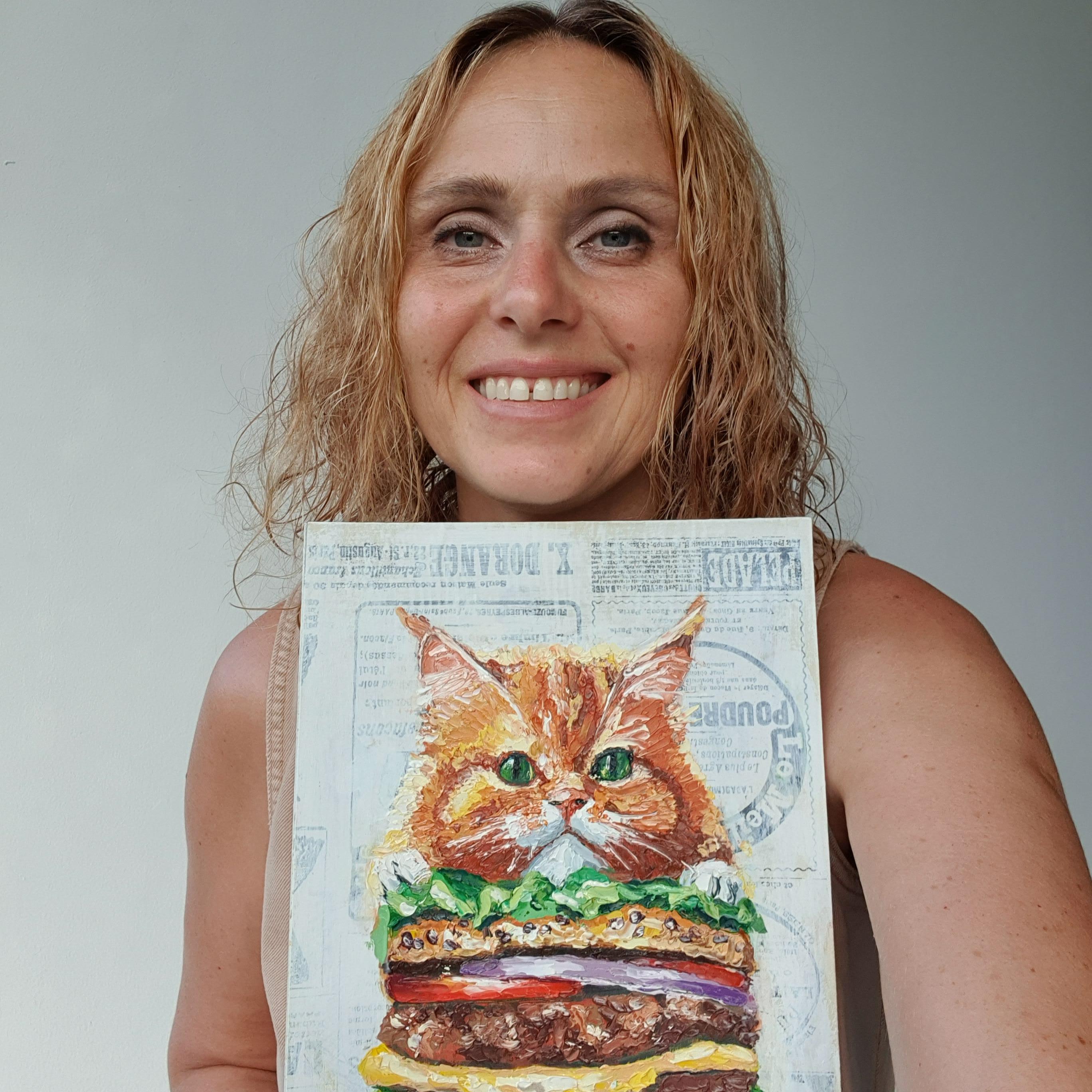 Opera d'arte originale di una divertente combinazione di gatti e hamburger ideale per il cibo e gli animali in vendita 9