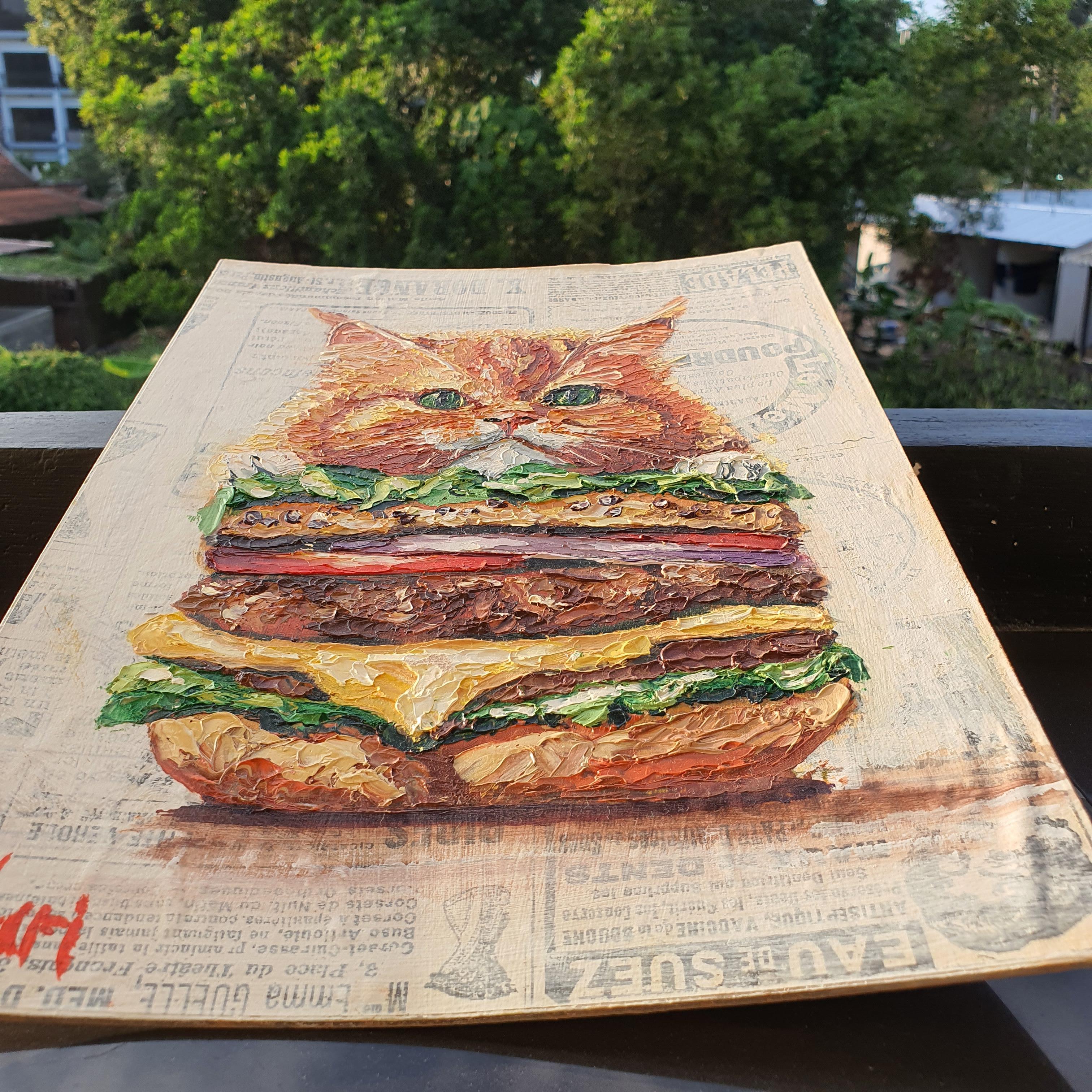 Opera d'arte originale di una divertente combinazione di gatti e hamburger ideale per il cibo e gli animali - Painting di Marina Fisher
