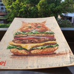 Original Artwork of a Funny Cat and Burger Combination Ideal for Food and Animal