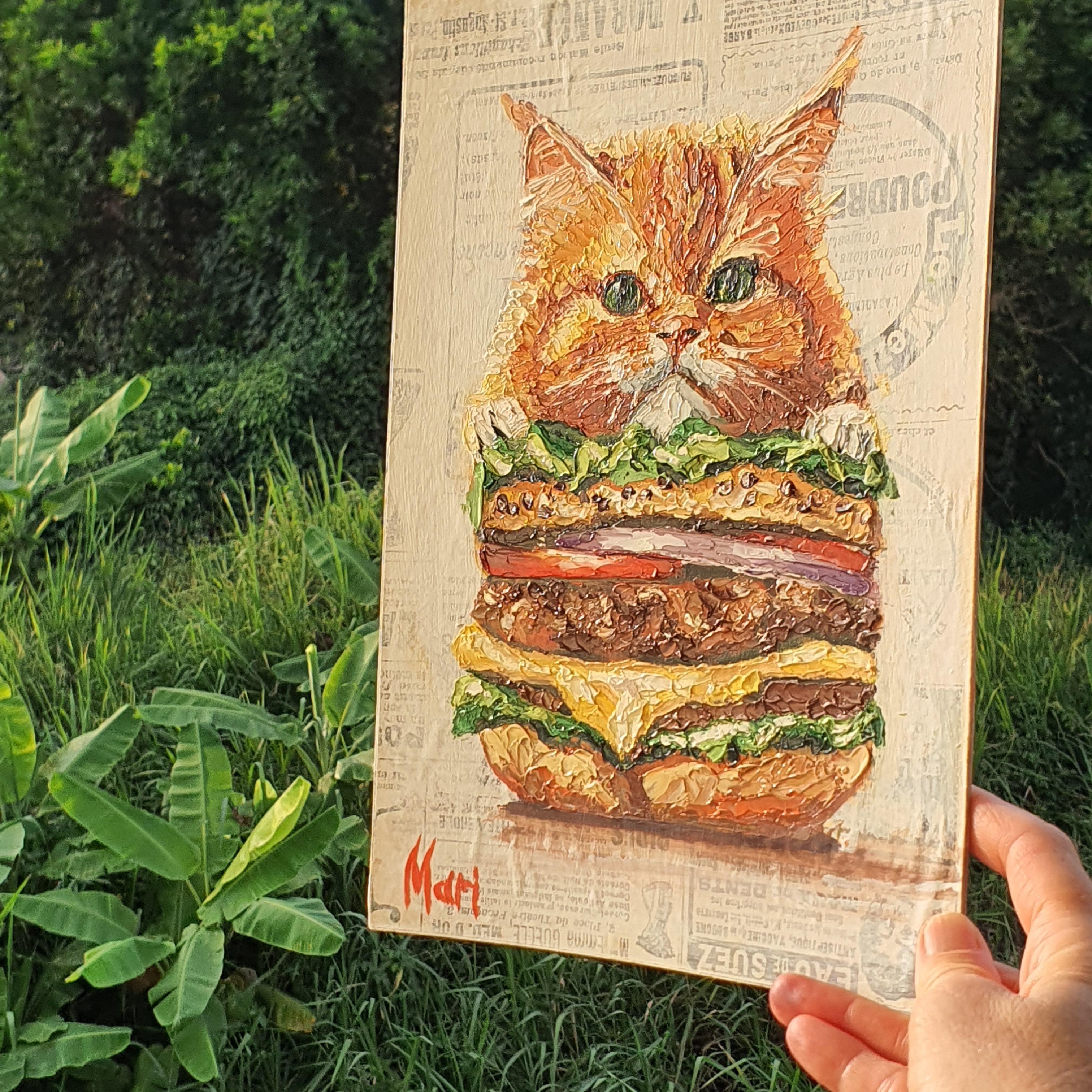 Opera d'arte originale di una divertente combinazione di gatti e hamburger ideale per il cibo e gli animali - Painting Impressionismo di Marina Fisher