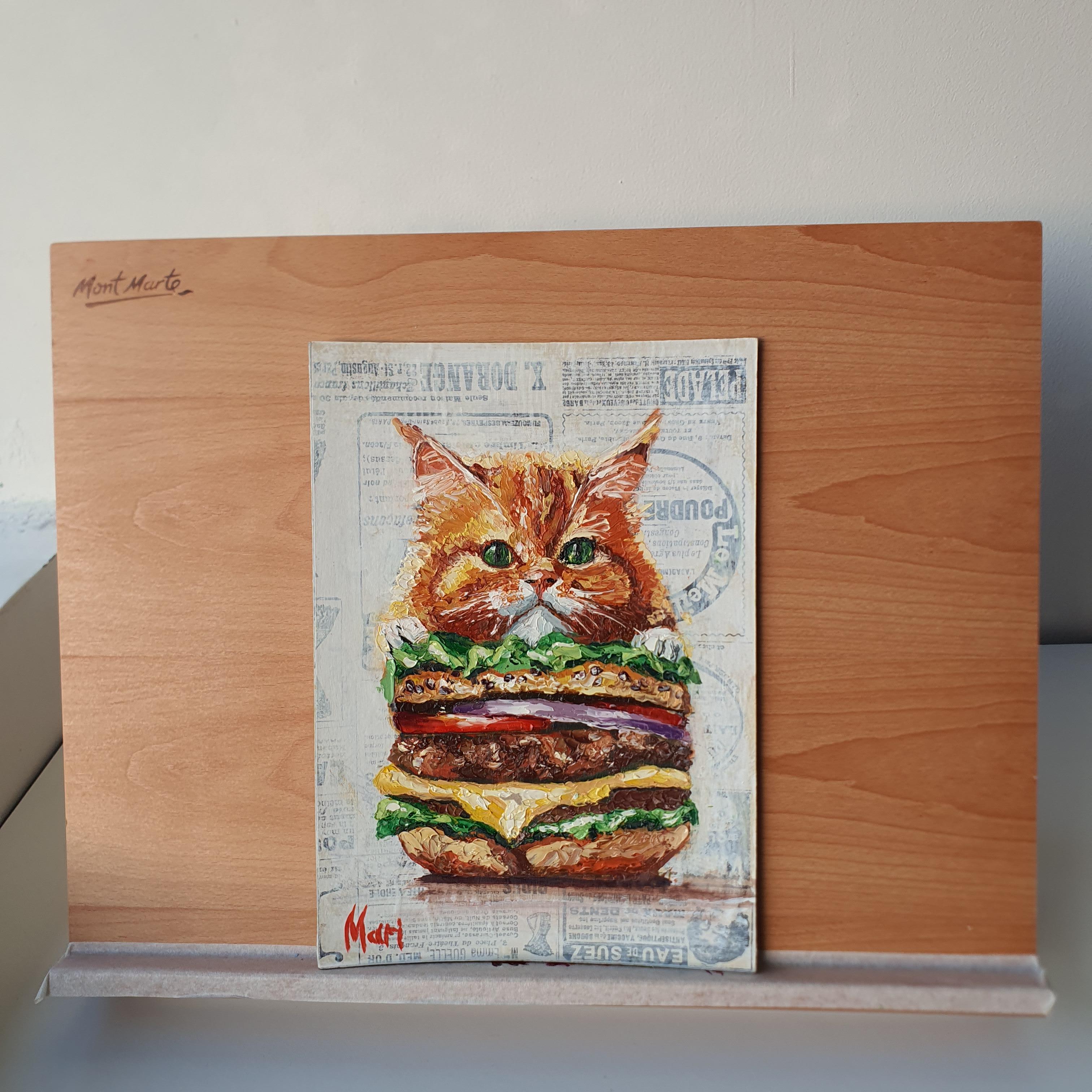 Opera d'arte originale di una divertente combinazione di gatti e hamburger ideale per il cibo e gli animali in vendita 1