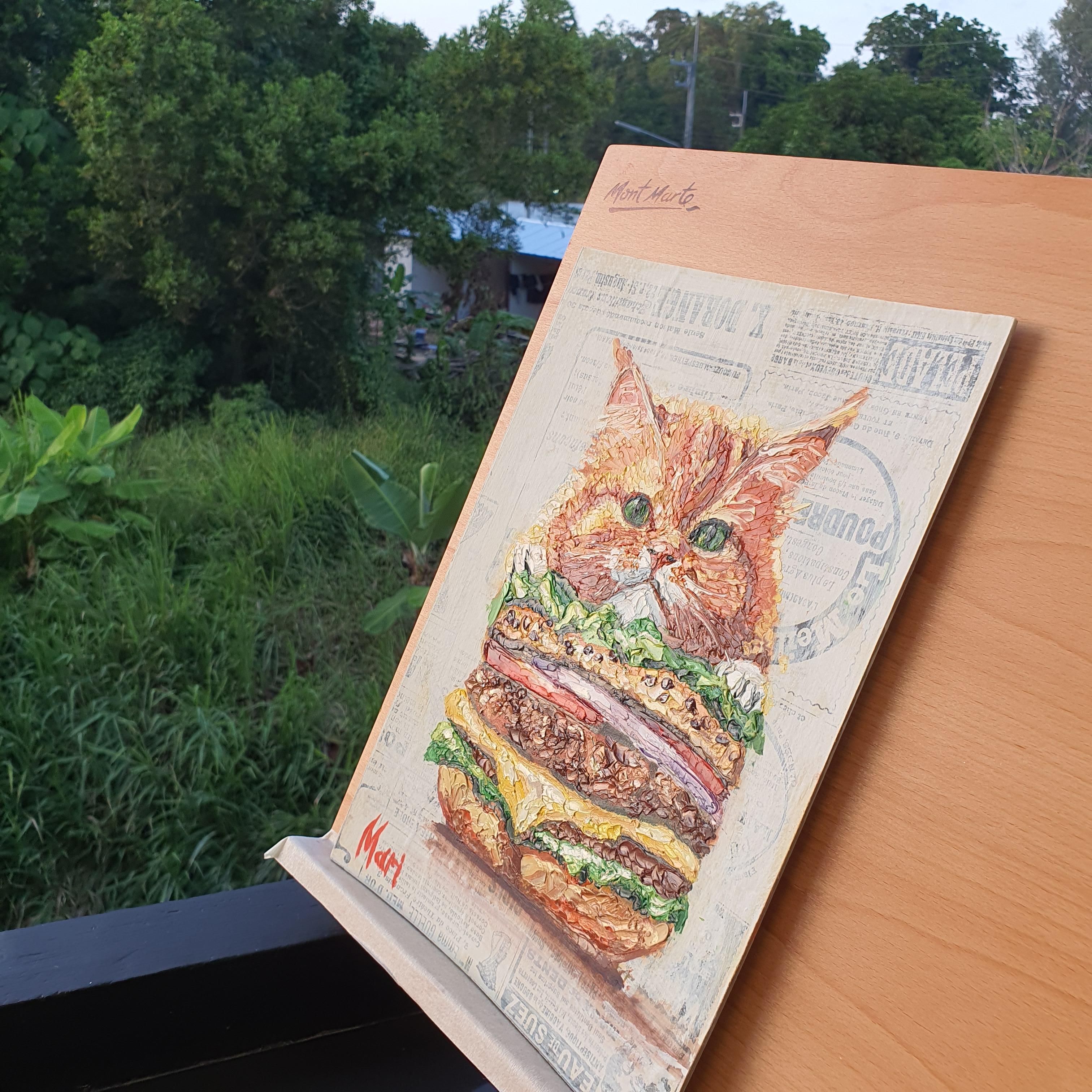 Opera d'arte originale di una divertente combinazione di gatti e hamburger ideale per il cibo e gli animali in vendita 2