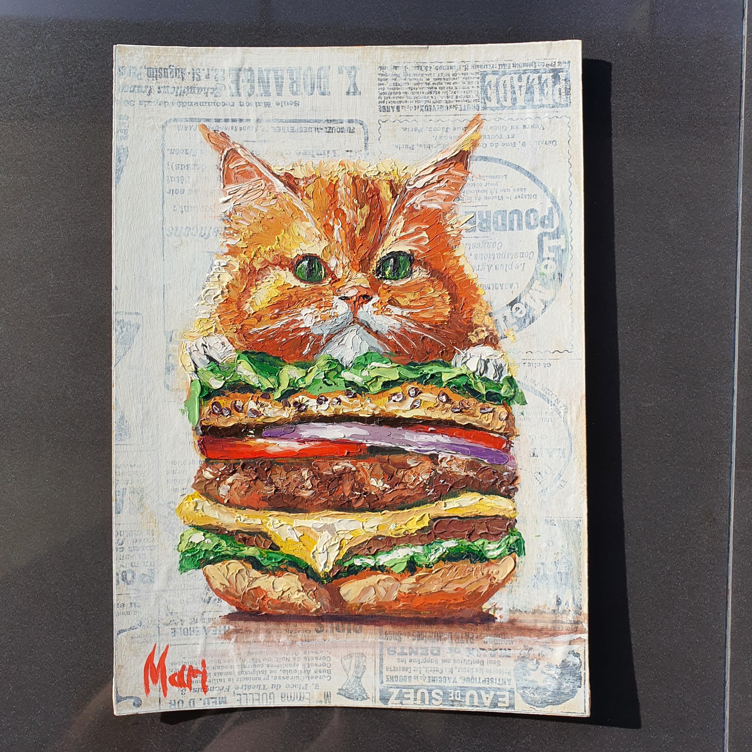 Opera d'arte originale di una divertente combinazione di gatti e hamburger ideale per il cibo e gli animali in vendita 3