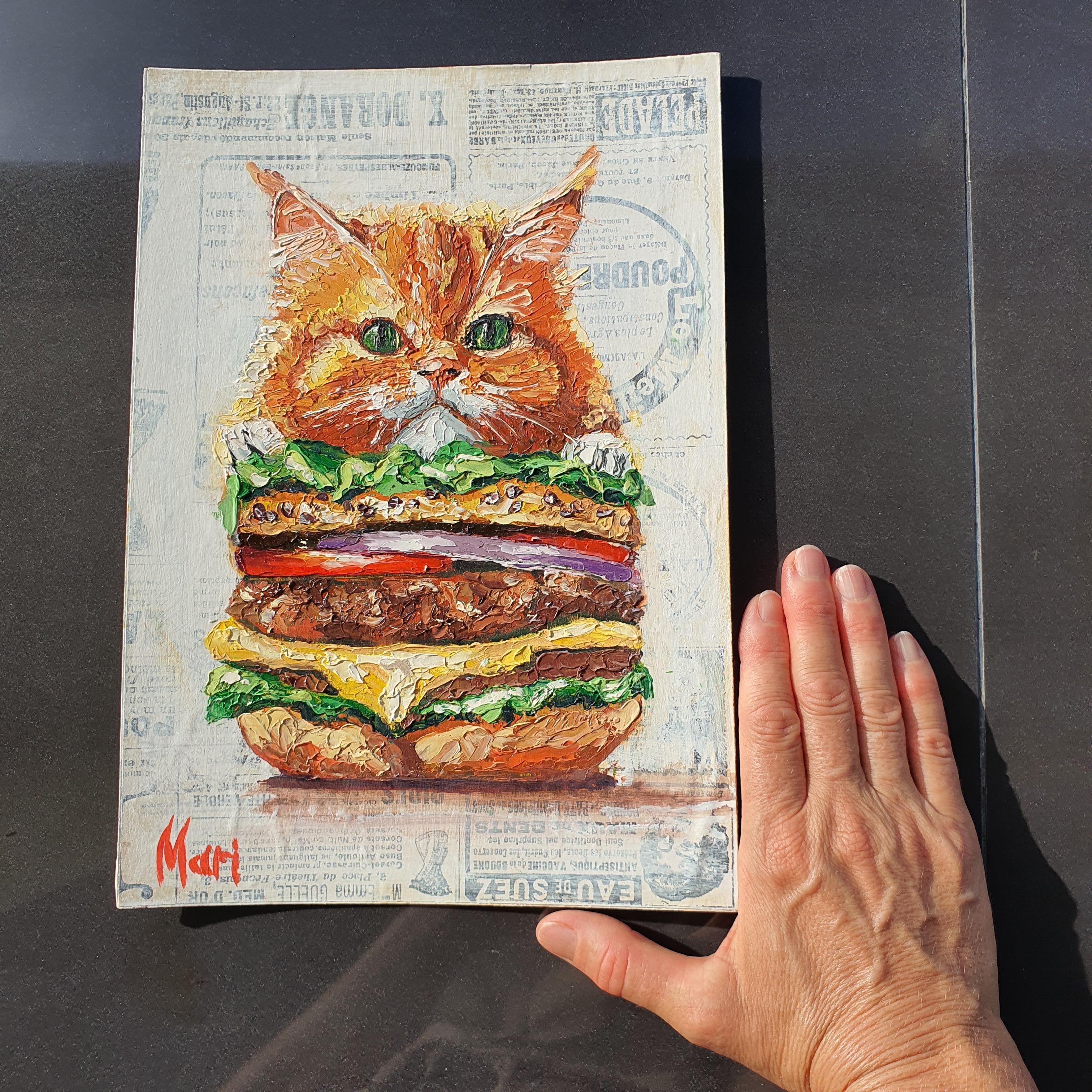 Opera d'arte originale di una divertente combinazione di gatti e hamburger ideale per il cibo e gli animali in vendita 4