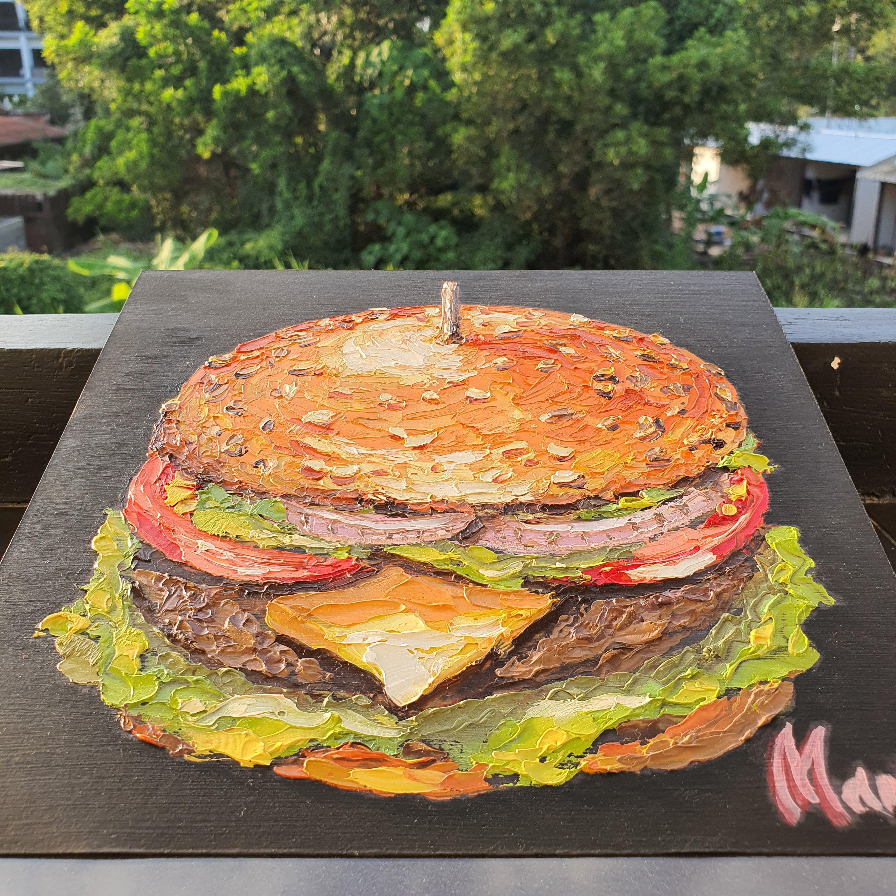 Peinture à l'huile originale de Burger Art Gourmet Cheeseburger pour Modern Kitch - Painting de Marina Fisher