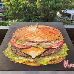 Original Burger Oil Painting Featuring Gourmet Cheeseburger Art for Modern Kitch