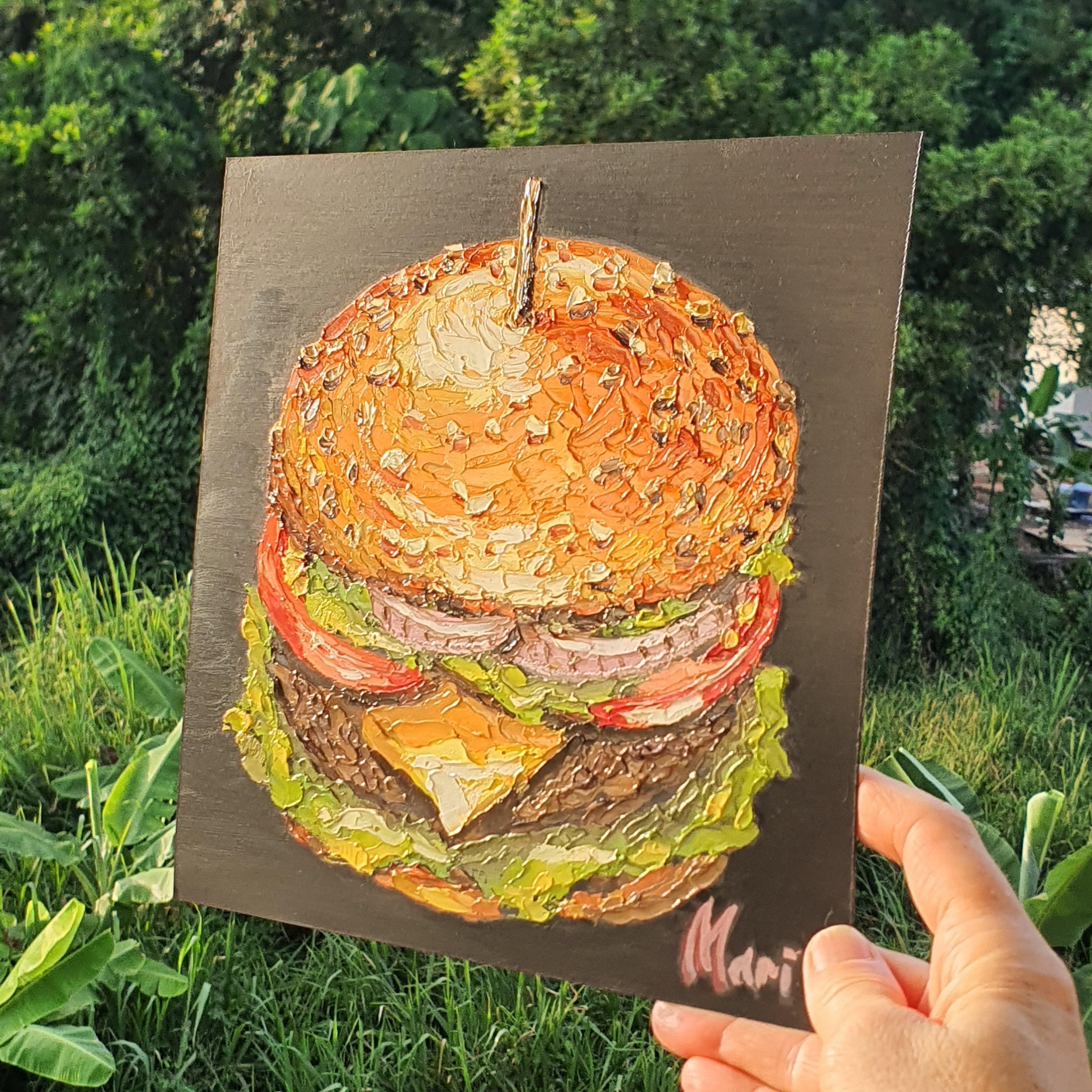 Peinture à l'huile originale de Burger Art Gourmet Cheeseburger pour Modern Kitch - Impressionnisme Painting par Marina Fisher
