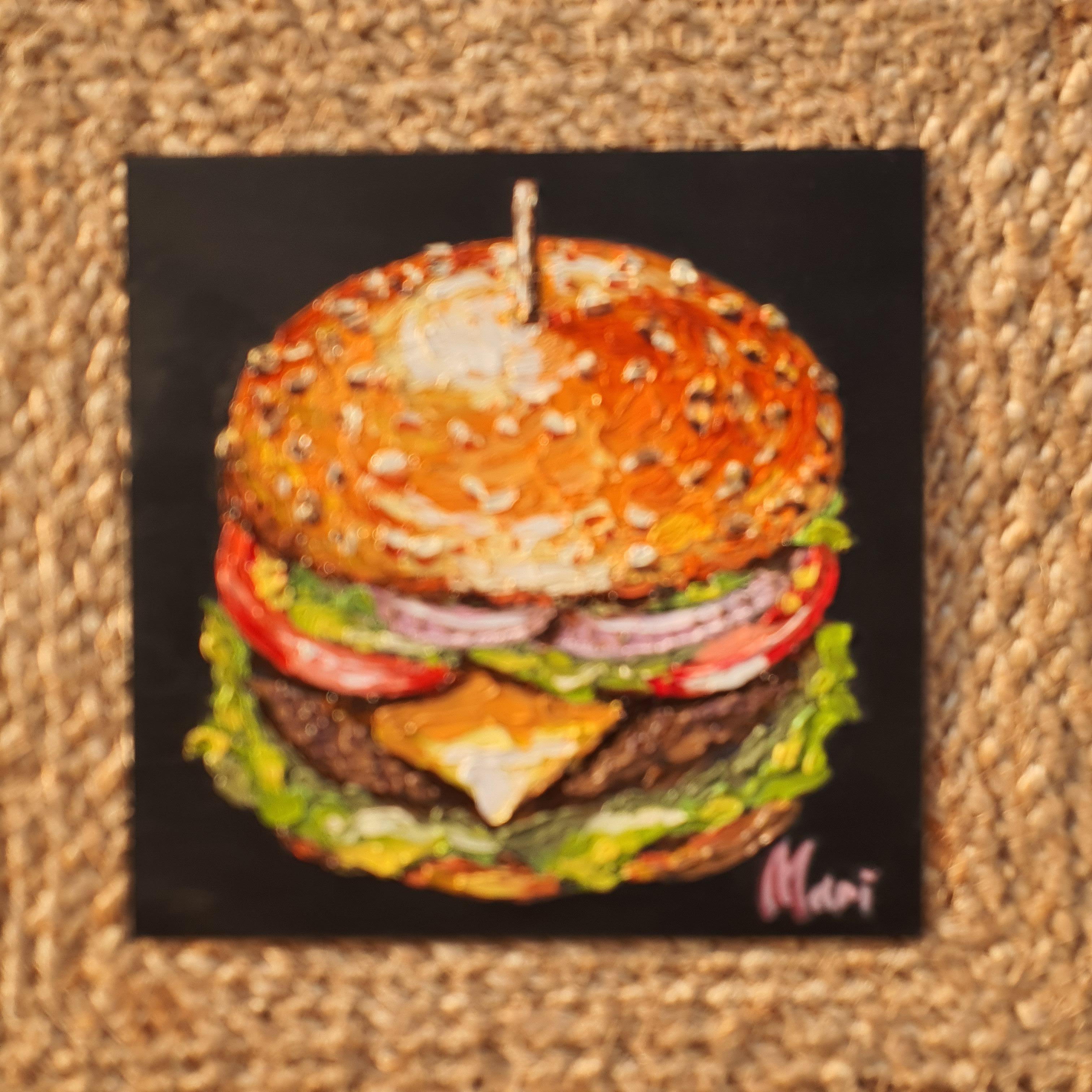 Peinture à l'huile originale de Burger Art Gourmet Cheeseburger pour Modern Kitch - Noir Still-Life Painting par Marina Fisher