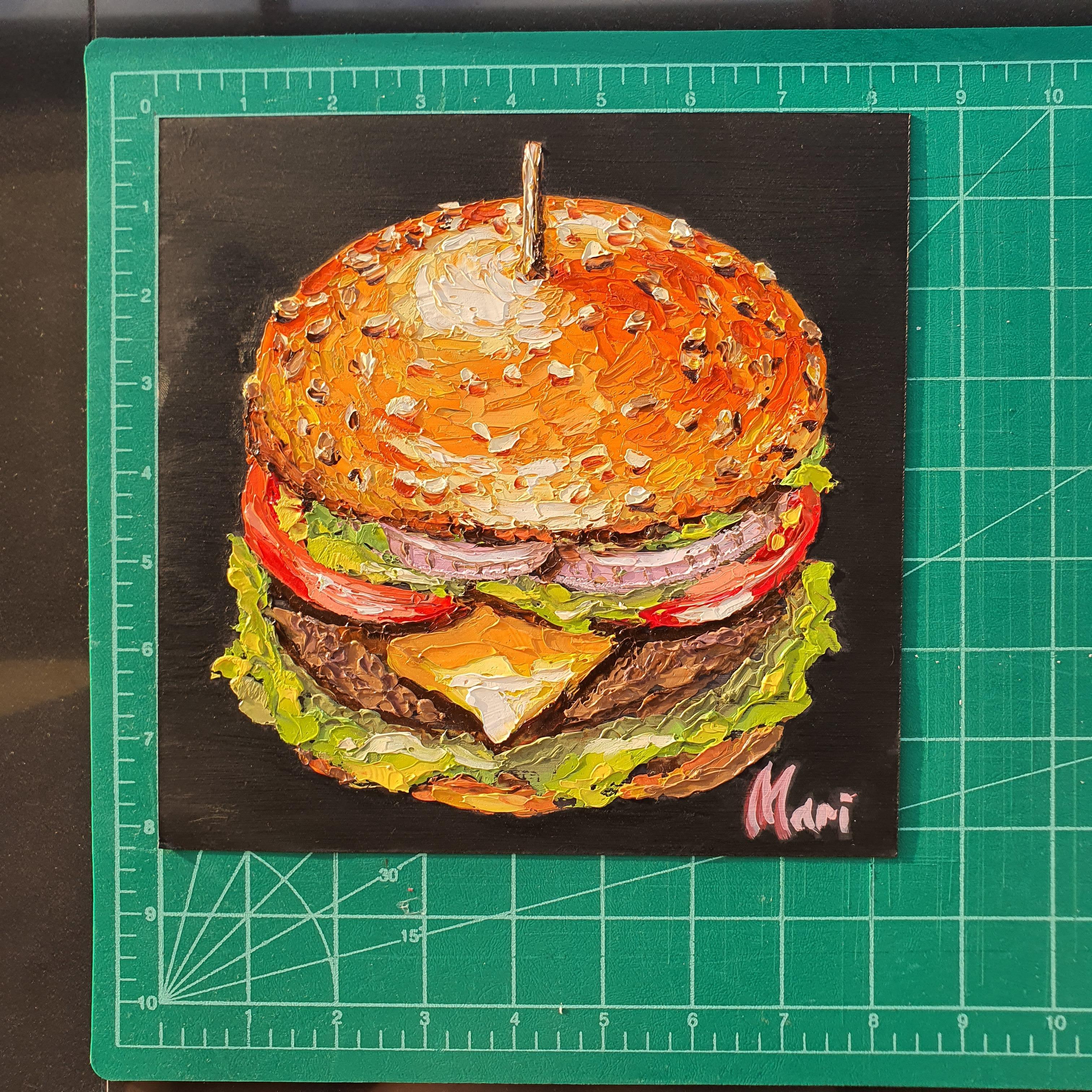 Peinture à l'huile originale de Burger Art Gourmet Cheeseburger pour Modern Kitch en vente 1