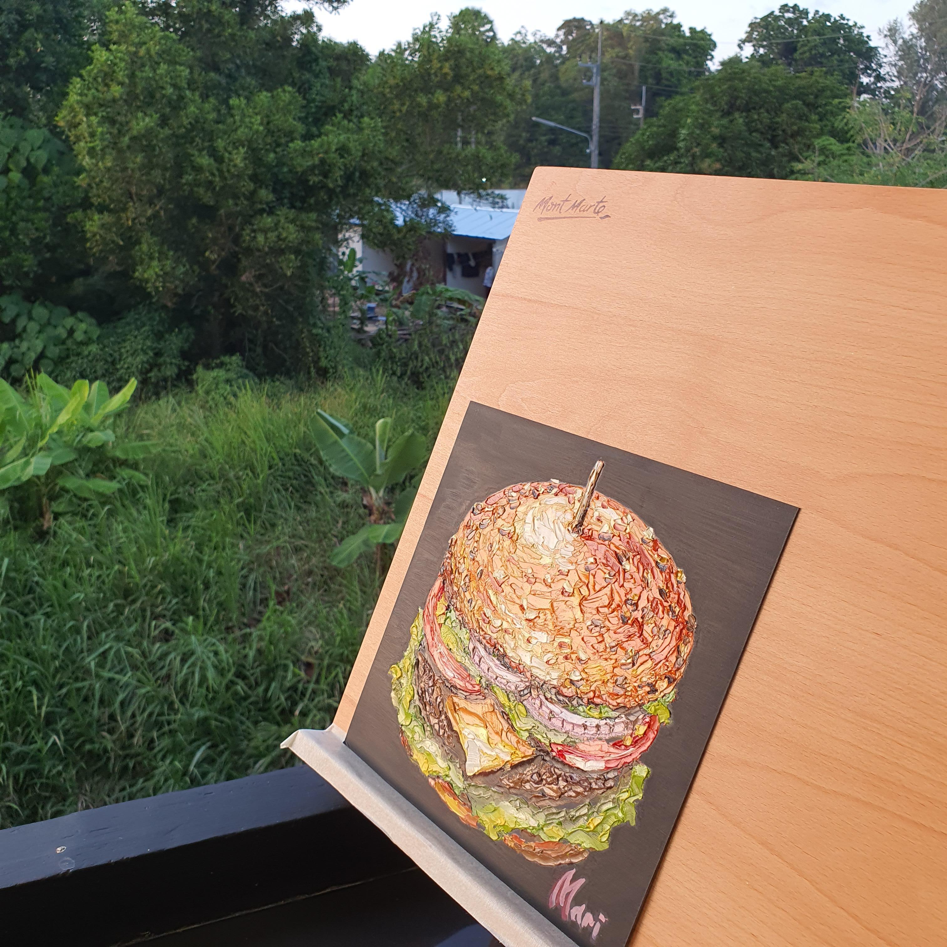 Peinture à l'huile originale de Burger Art Gourmet Cheeseburger pour Modern Kitch en vente 2