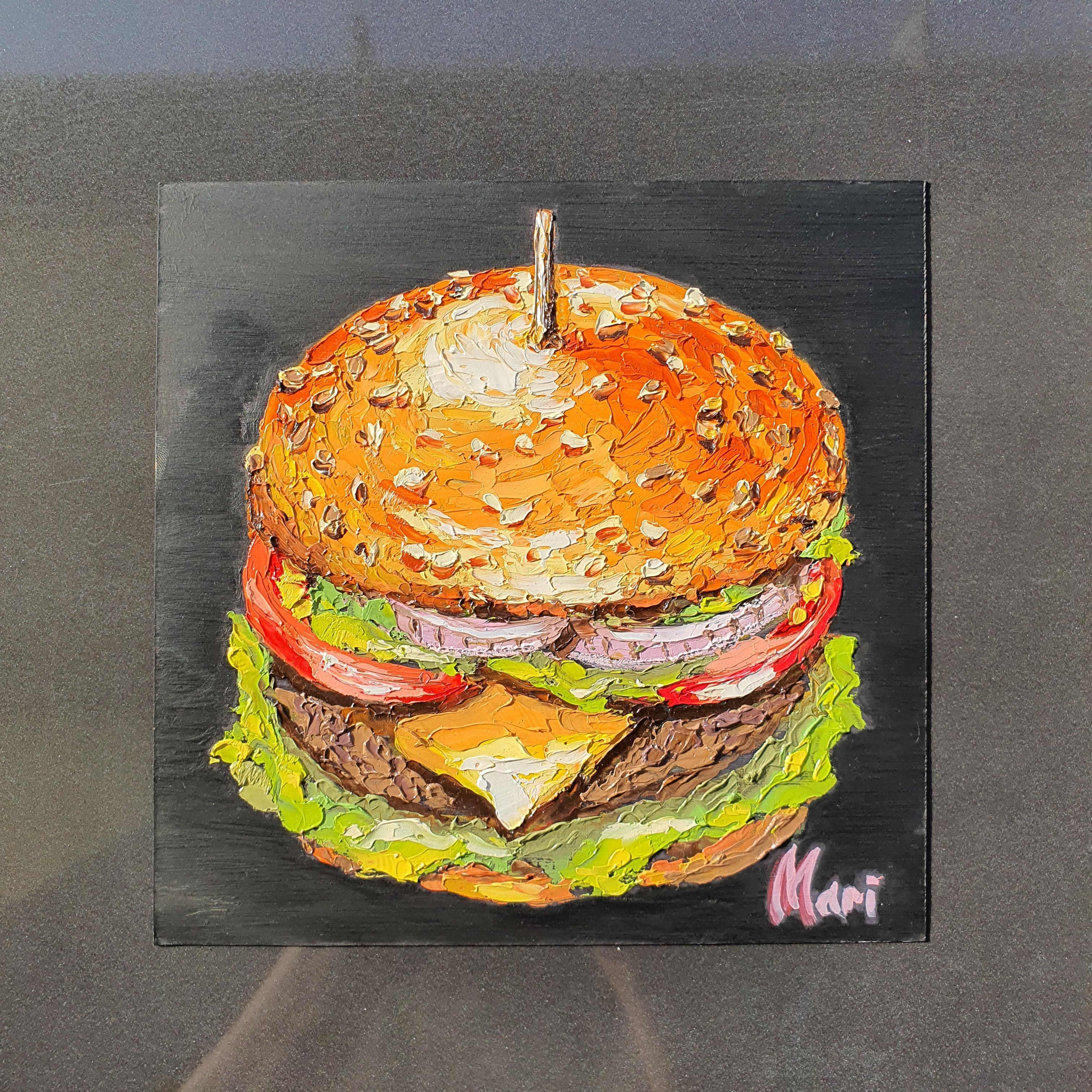 Peinture à l'huile originale de Burger Art Gourmet Cheeseburger pour Modern Kitch en vente 3
