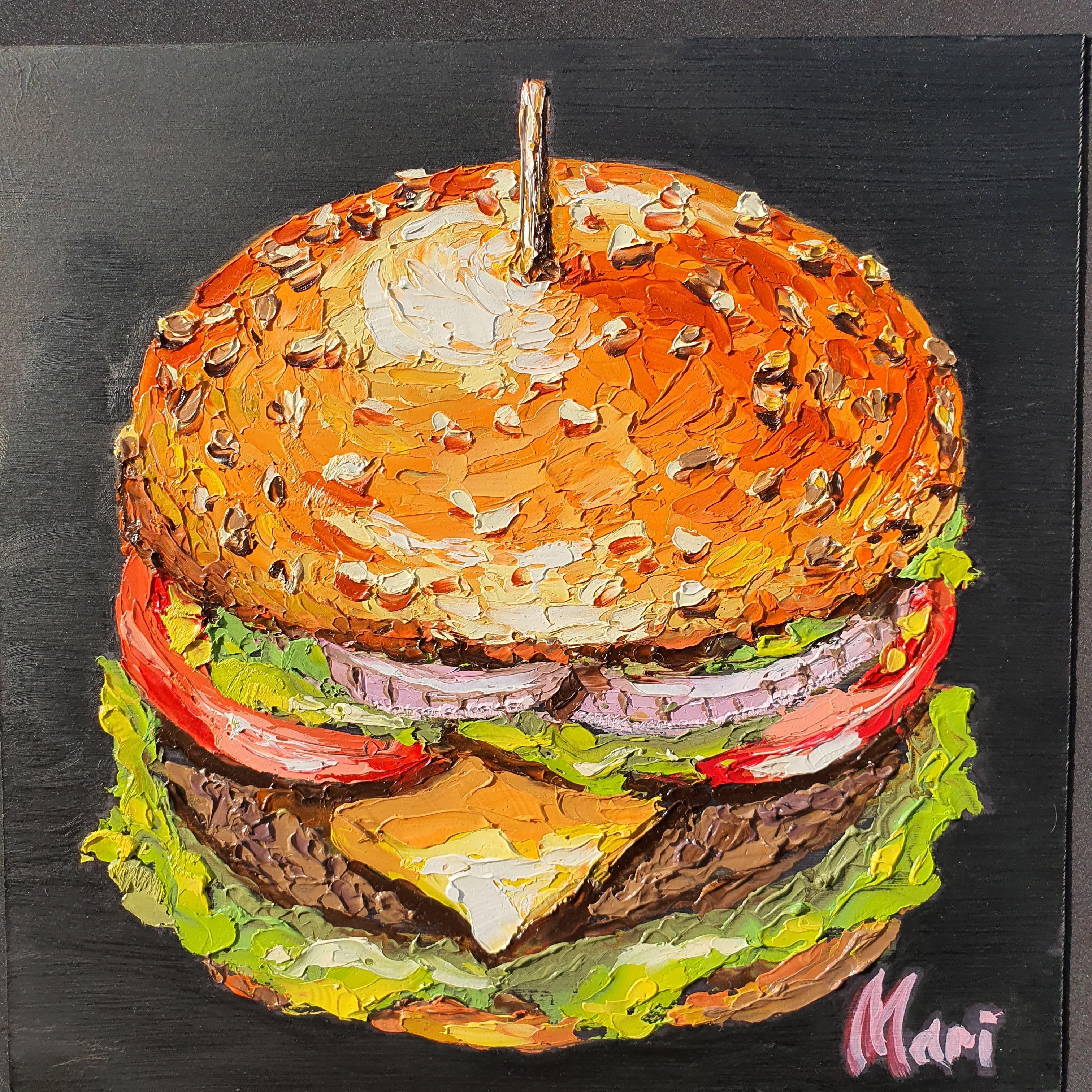 Peinture à l'huile originale de Burger Art Gourmet Cheeseburger pour Modern Kitch en vente 4