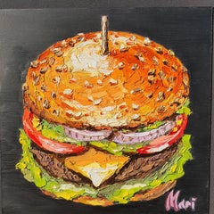 Pintura al óleo original de hamburguesas con arte gourmet de hamburguesas con queso para la cocina moderna