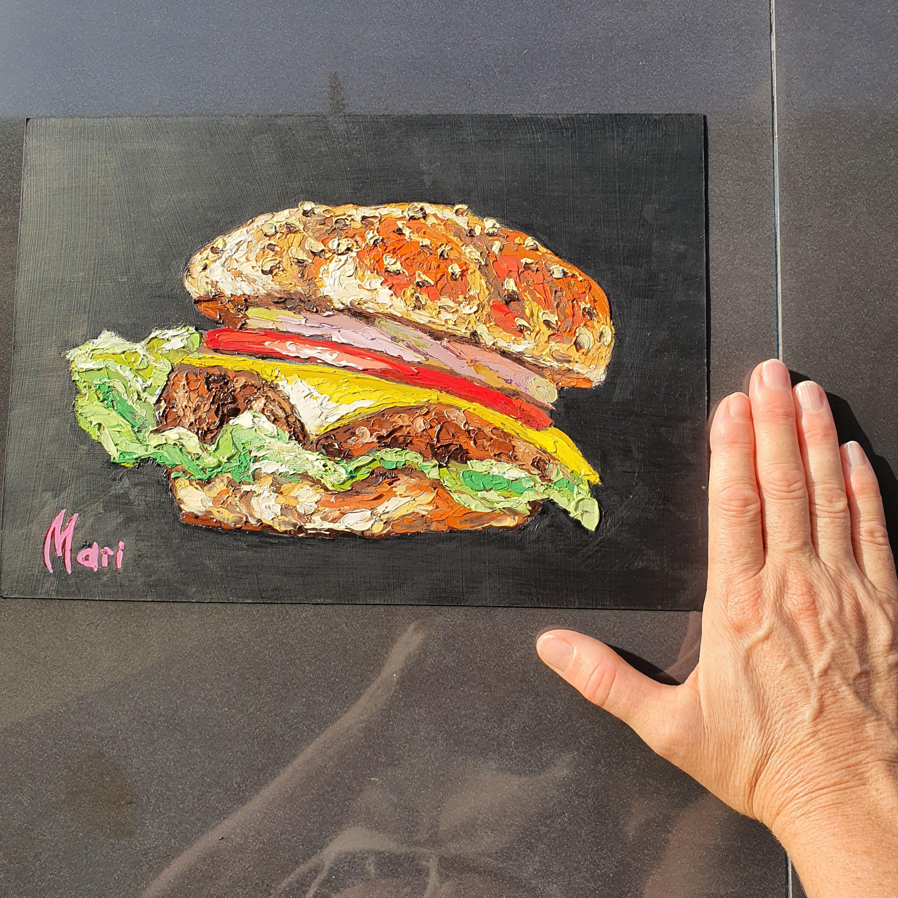 Pittura a olio originale di un Cheeseburger Gourmet Perfetta per l'arredamento della cucina e per la cucina in vendita 5