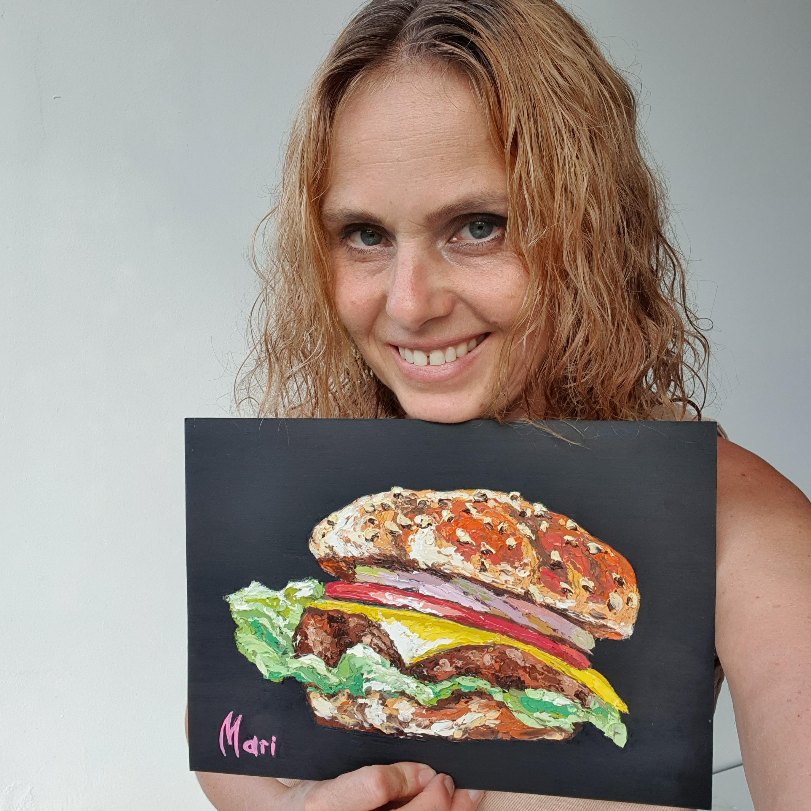 Pittura a olio originale di un Cheeseburger Gourmet Perfetta per l'arredamento della cucina e per la cucina in vendita 7