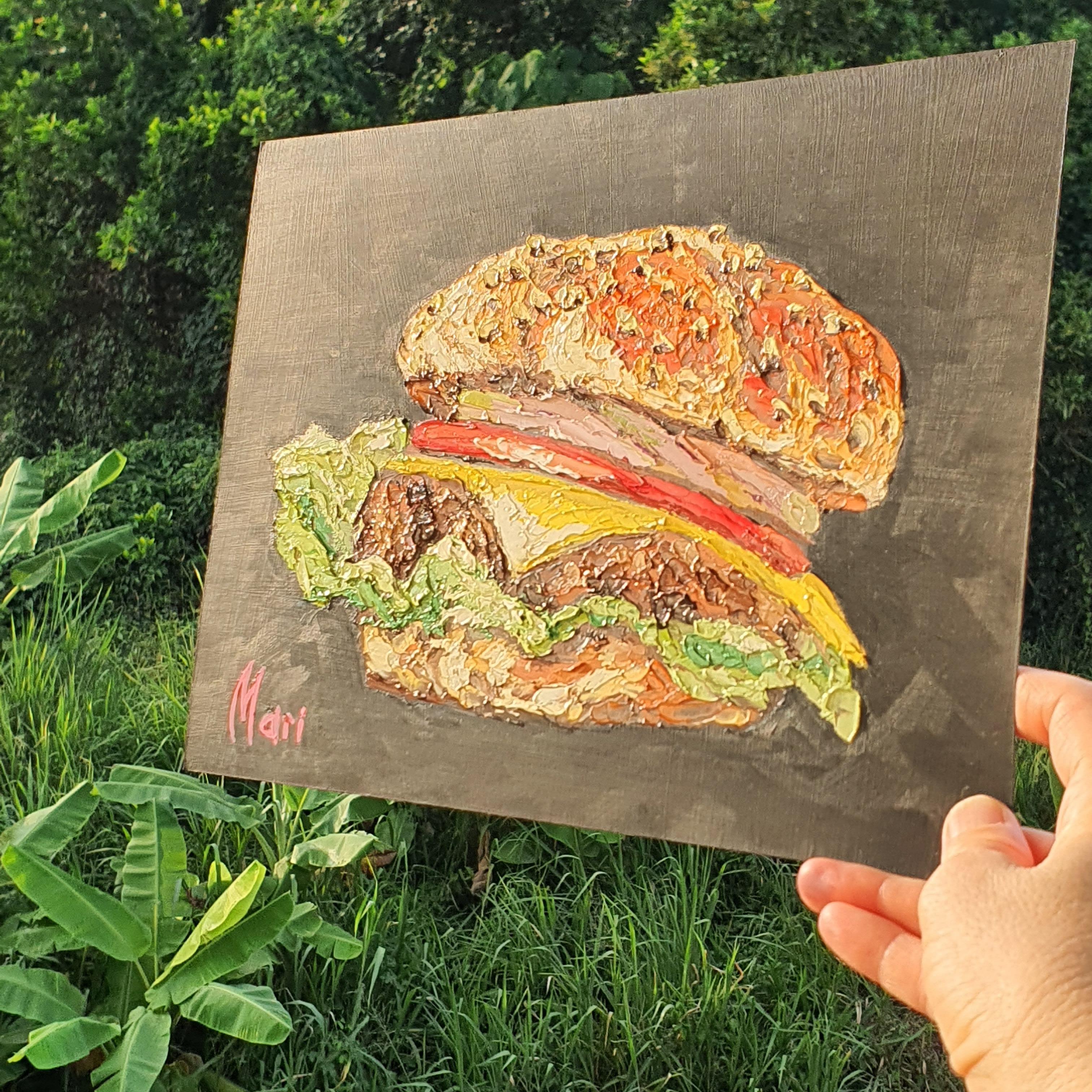 Pittura a olio originale di un Cheeseburger Gourmet Perfetta per l'arredamento della cucina e per la cucina - Painting Impressionismo di Marina Fisher