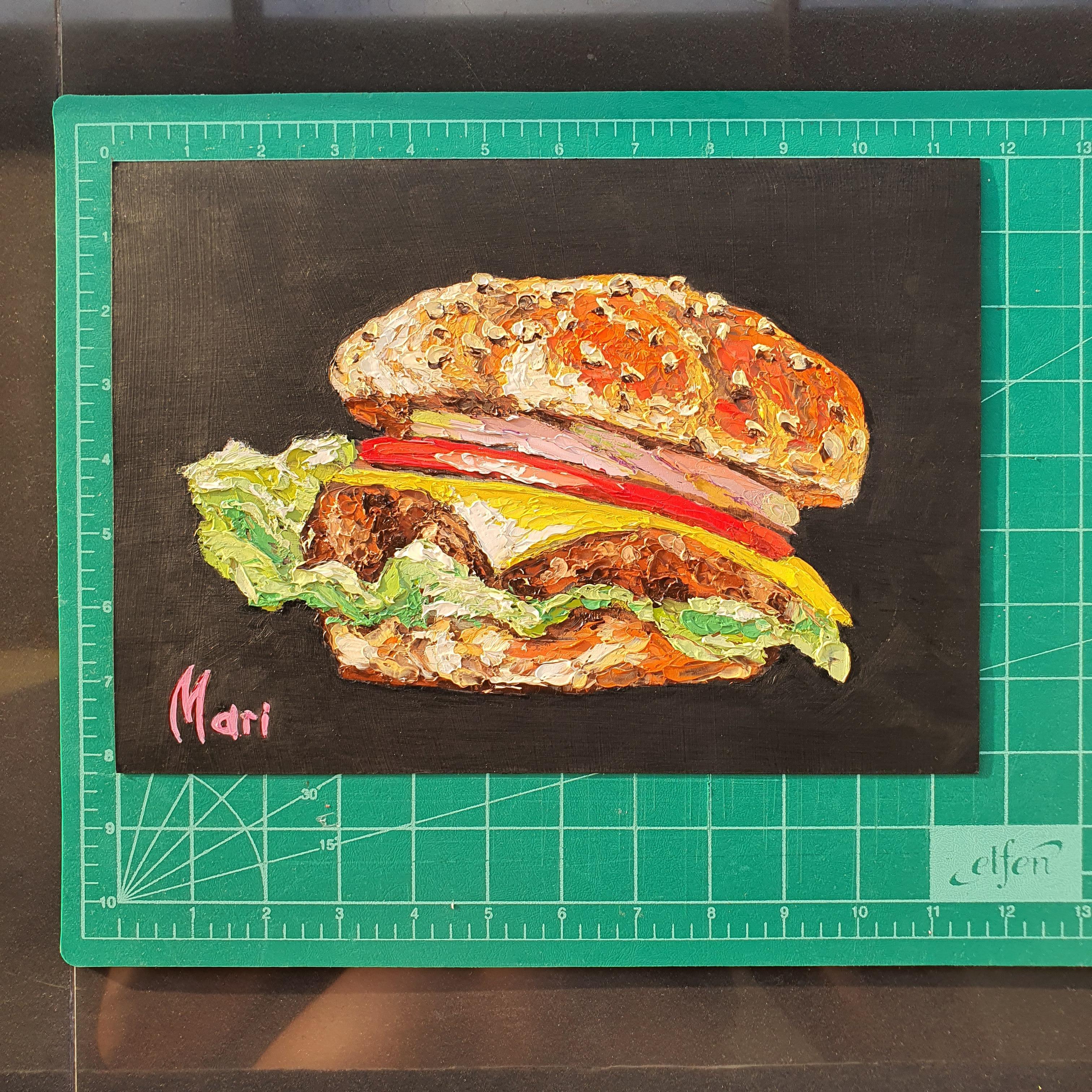 Pittura a olio originale di un Cheeseburger Gourmet Perfetta per l'arredamento della cucina e per la cucina in vendita 1