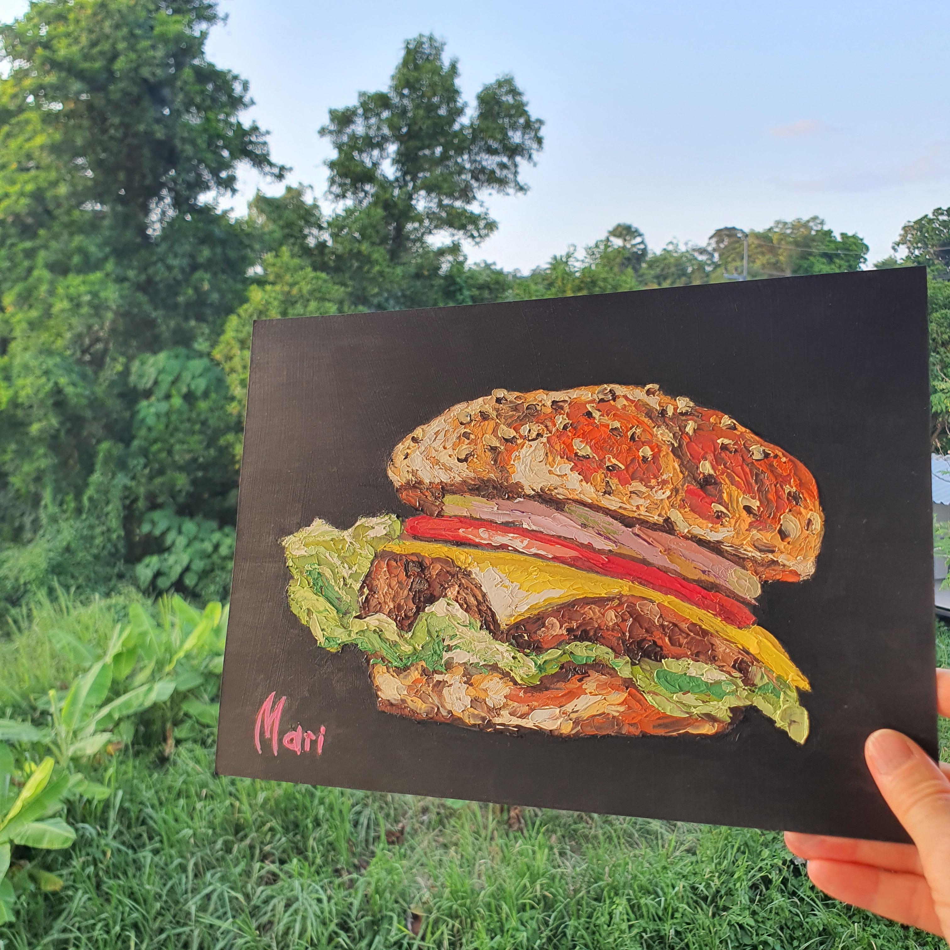 Pittura a olio originale di un Cheeseburger Gourmet Perfetta per l'arredamento della cucina e per la cucina in vendita 2