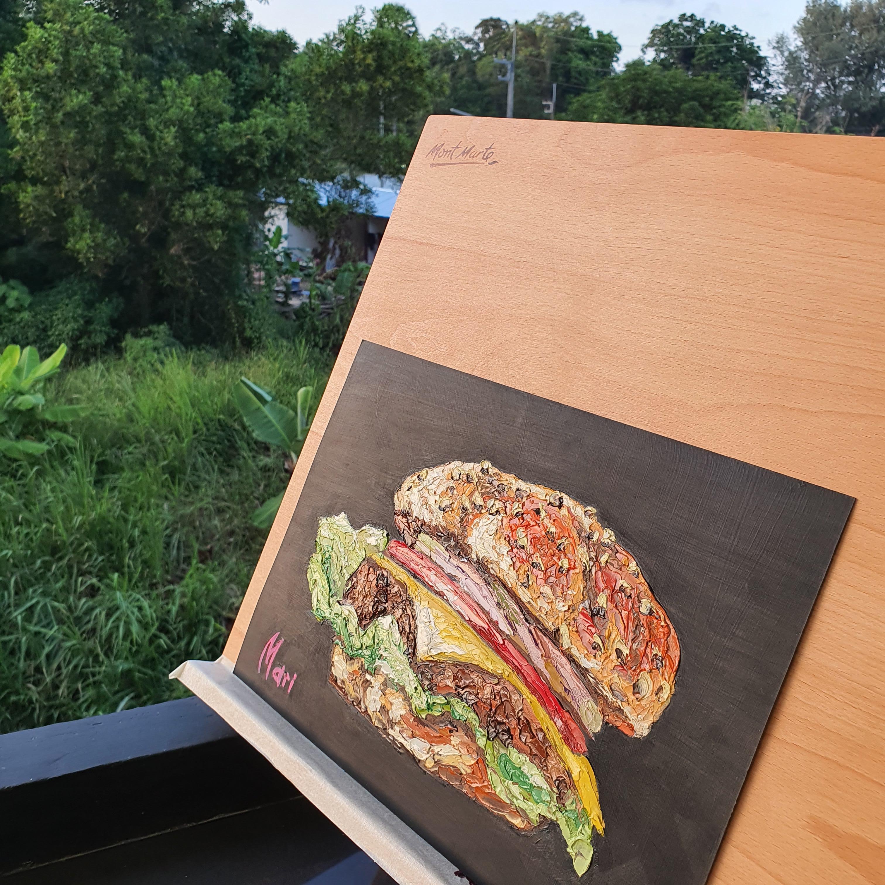 Pittura a olio originale di un Cheeseburger Gourmet Perfetta per l'arredamento della cucina e per la cucina in vendita 3