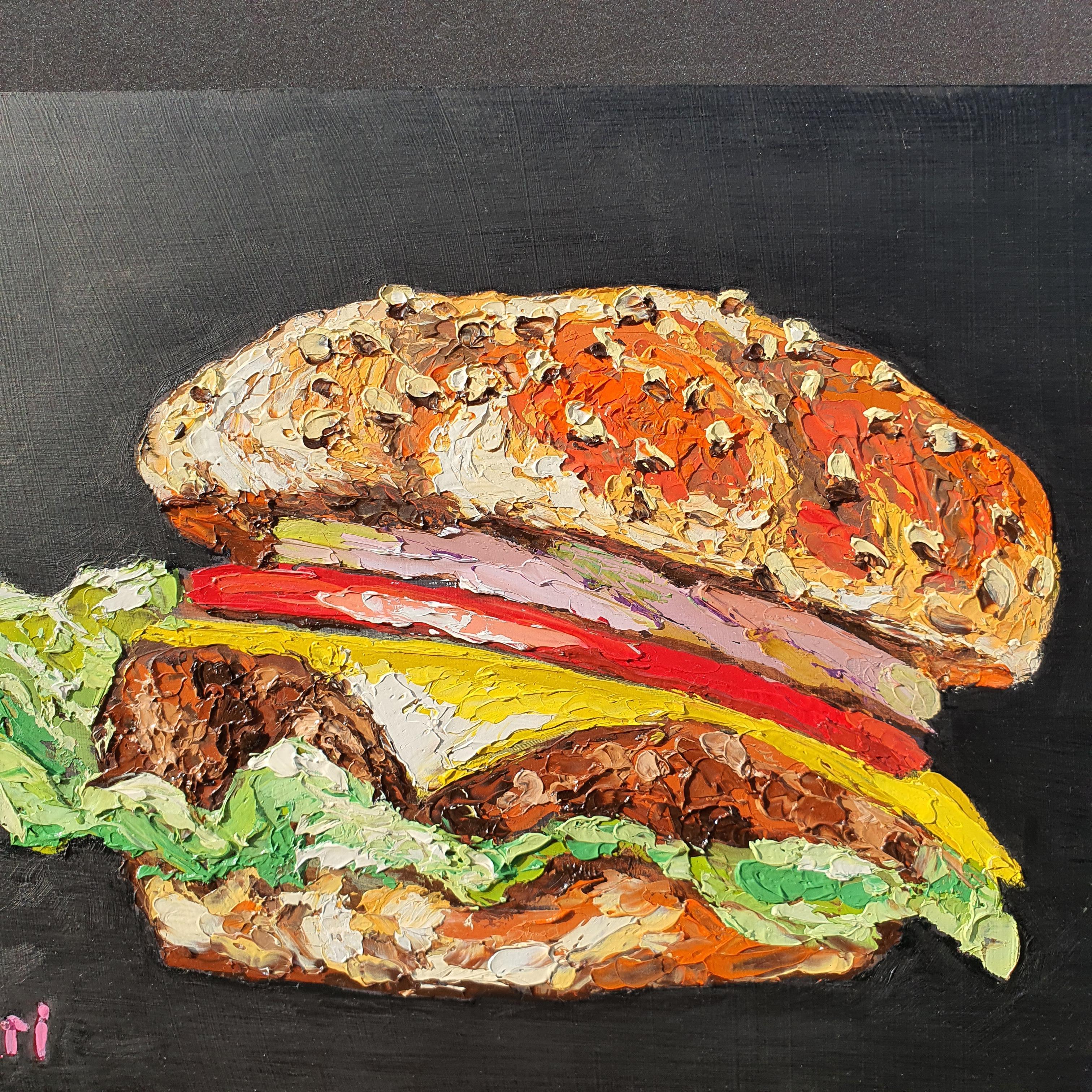 Pittura a olio originale di un Cheeseburger Gourmet Perfetta per l'arredamento della cucina e per la cucina in vendita 4