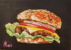 Pintura al óleo original de una hamburguesa gourmet con queso Perfecta para decoración de cocina y fo