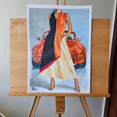 Porsche 911 Fashion Painting Elegant Woman Luxury Car Modern Lifestyle Art