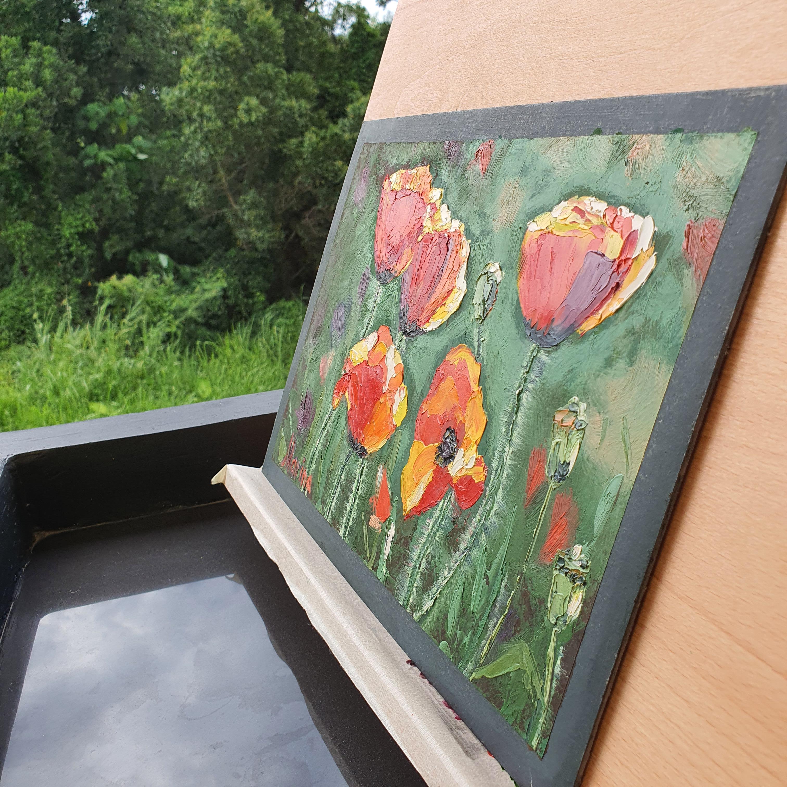 Quadro da giardino con papaveri rossi Arte floreale strutturata Opera d'arte originale a olio in vendita 5