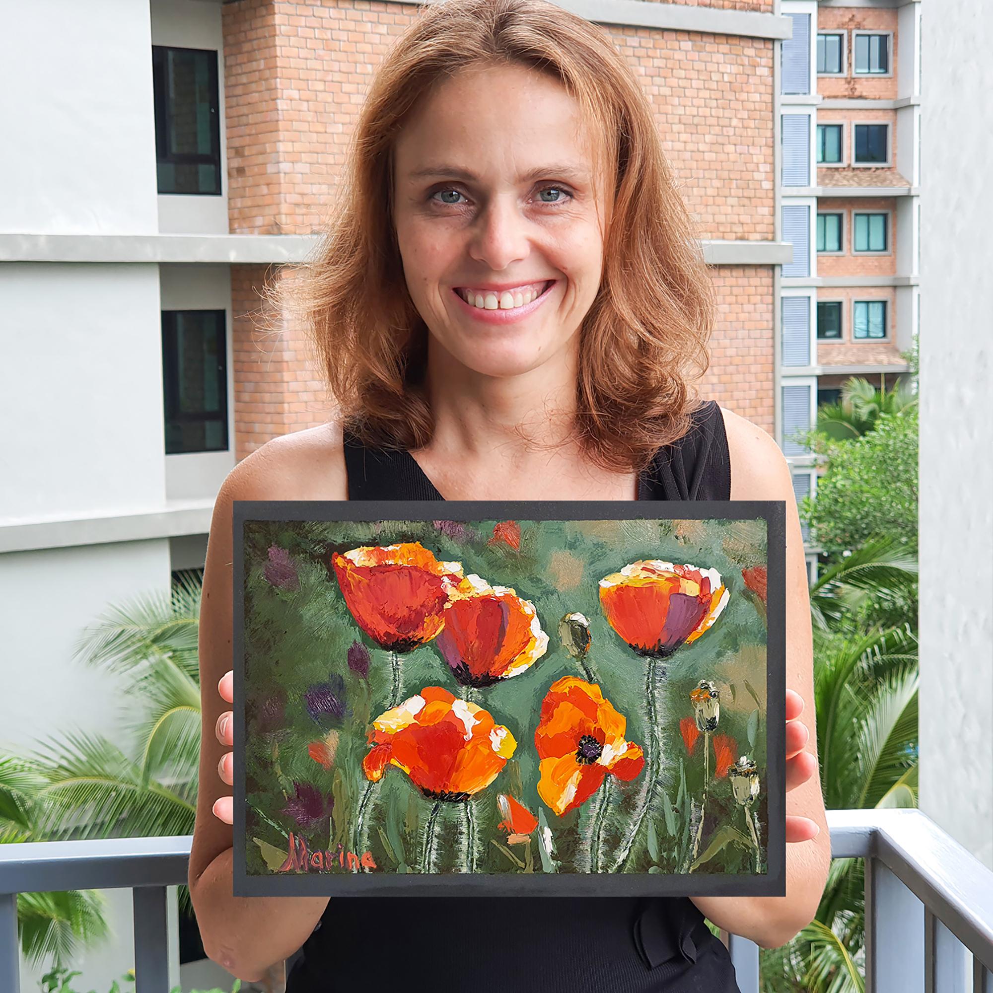 Quadro da giardino con papaveri rossi Arte floreale strutturata Opera d'arte originale a olio - Painting di Marina Fisher