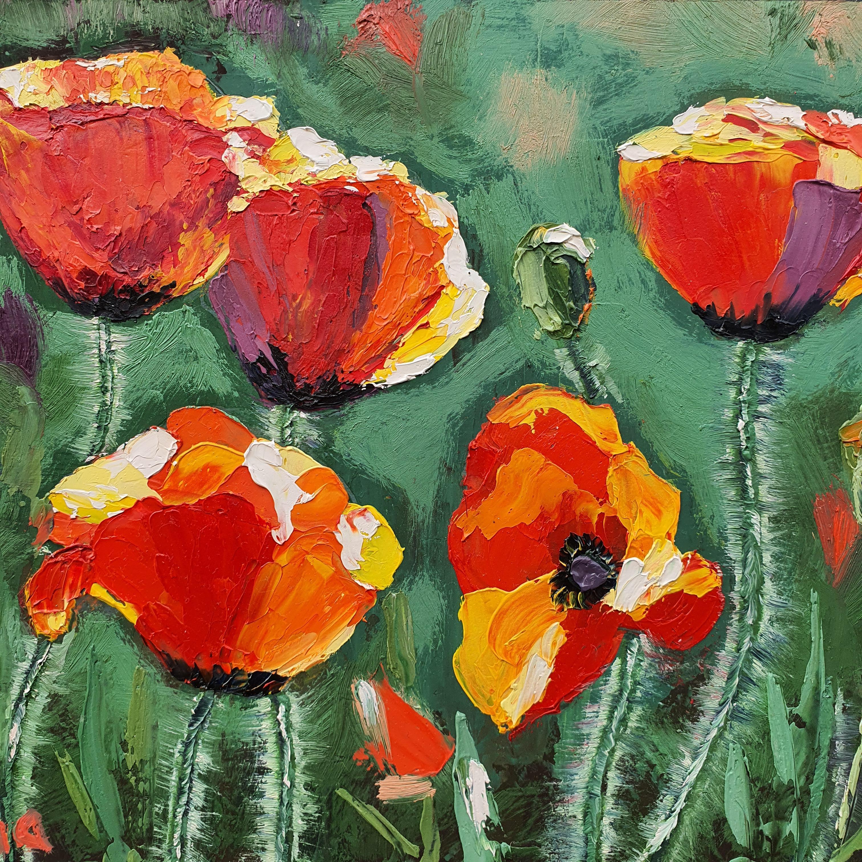 Quadro da giardino con papaveri rossi Arte floreale strutturata Opera d'arte originale a olio - Painting Impressionismo di Marina Fisher