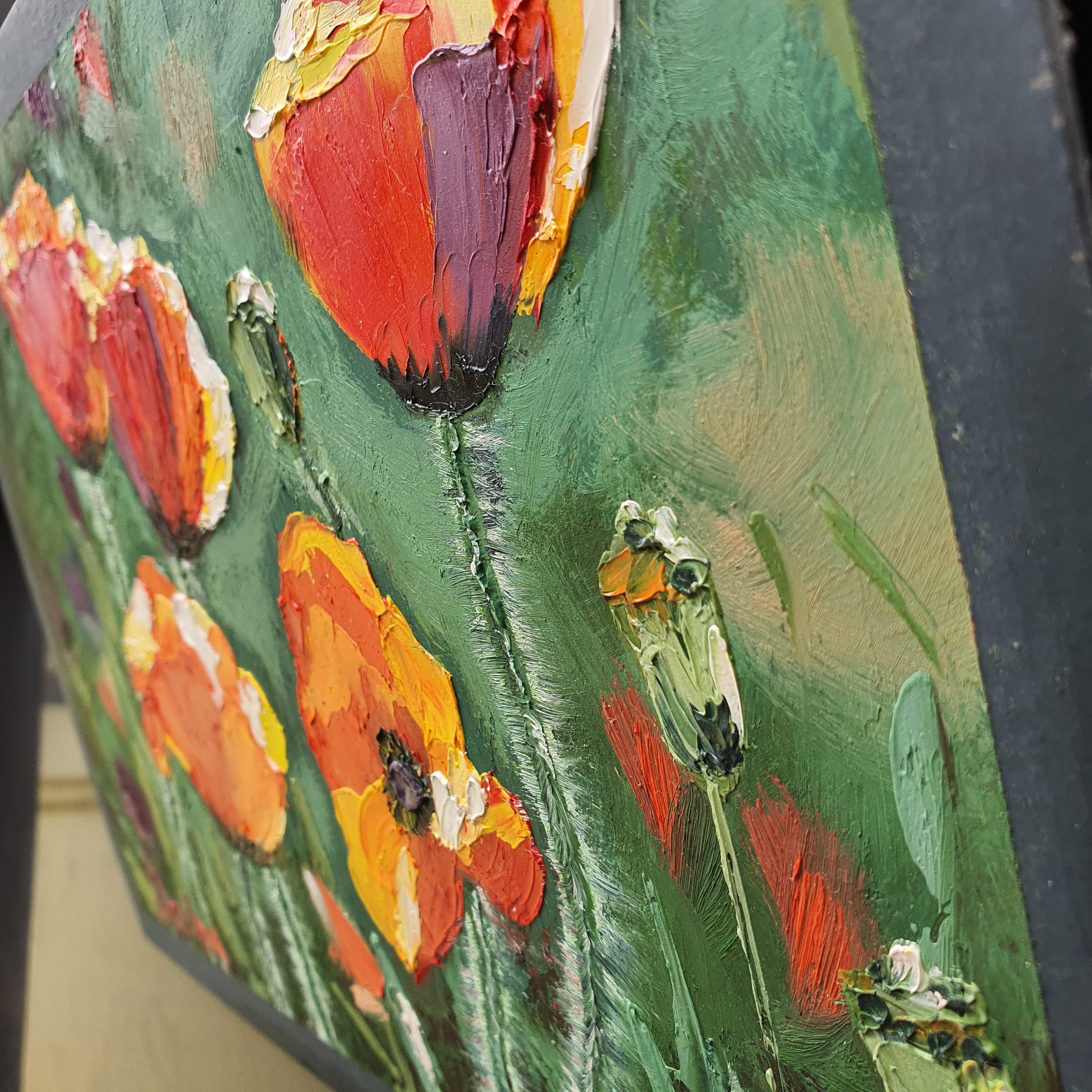Quadro da giardino con papaveri rossi Arte floreale strutturata Opera d'arte originale a olio in vendita 1