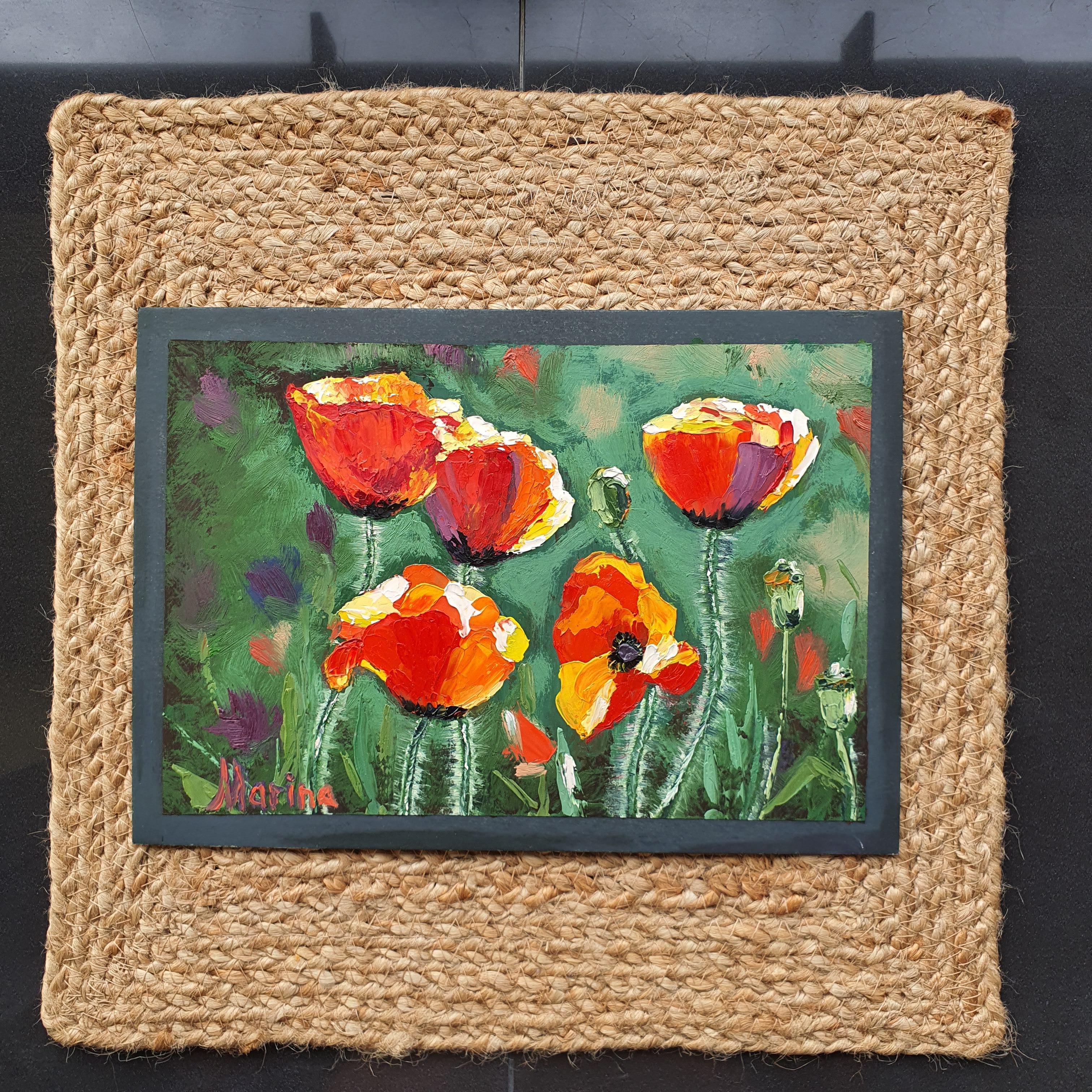 Quadro da giardino con papaveri rossi Arte floreale strutturata Opera d'arte originale a olio in vendita 2