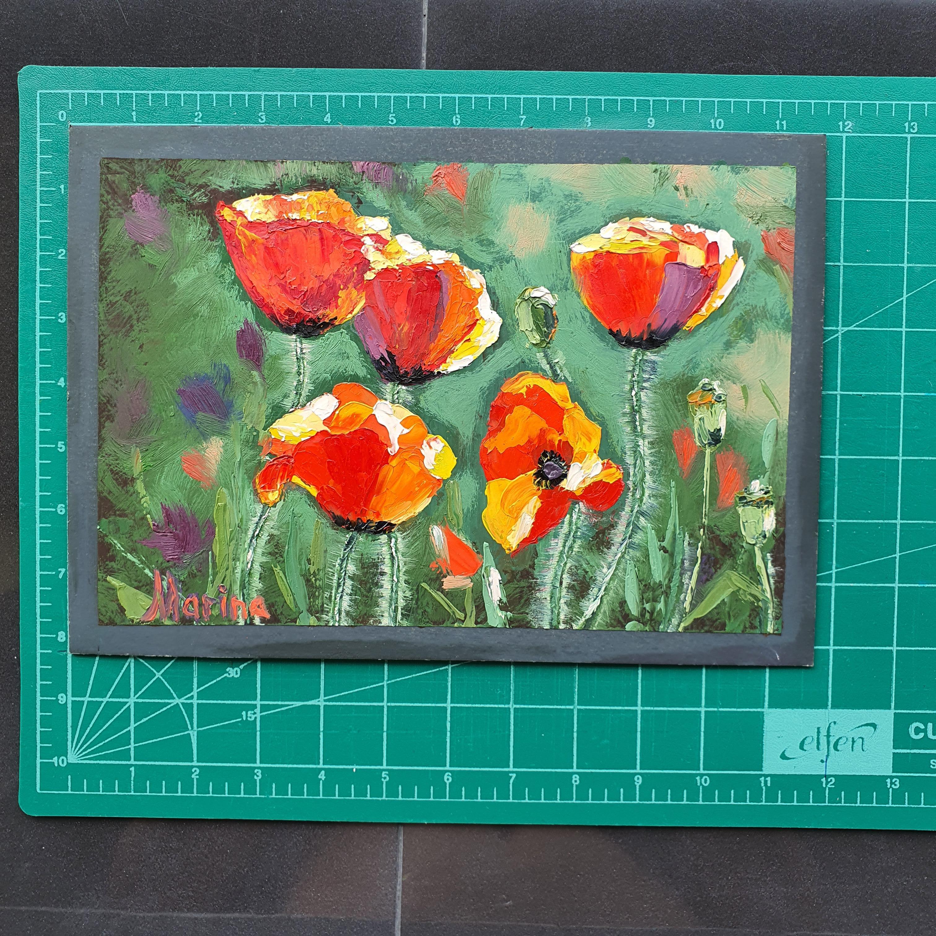 Quadro da giardino con papaveri rossi Arte floreale strutturata Opera d'arte originale a olio in vendita 3