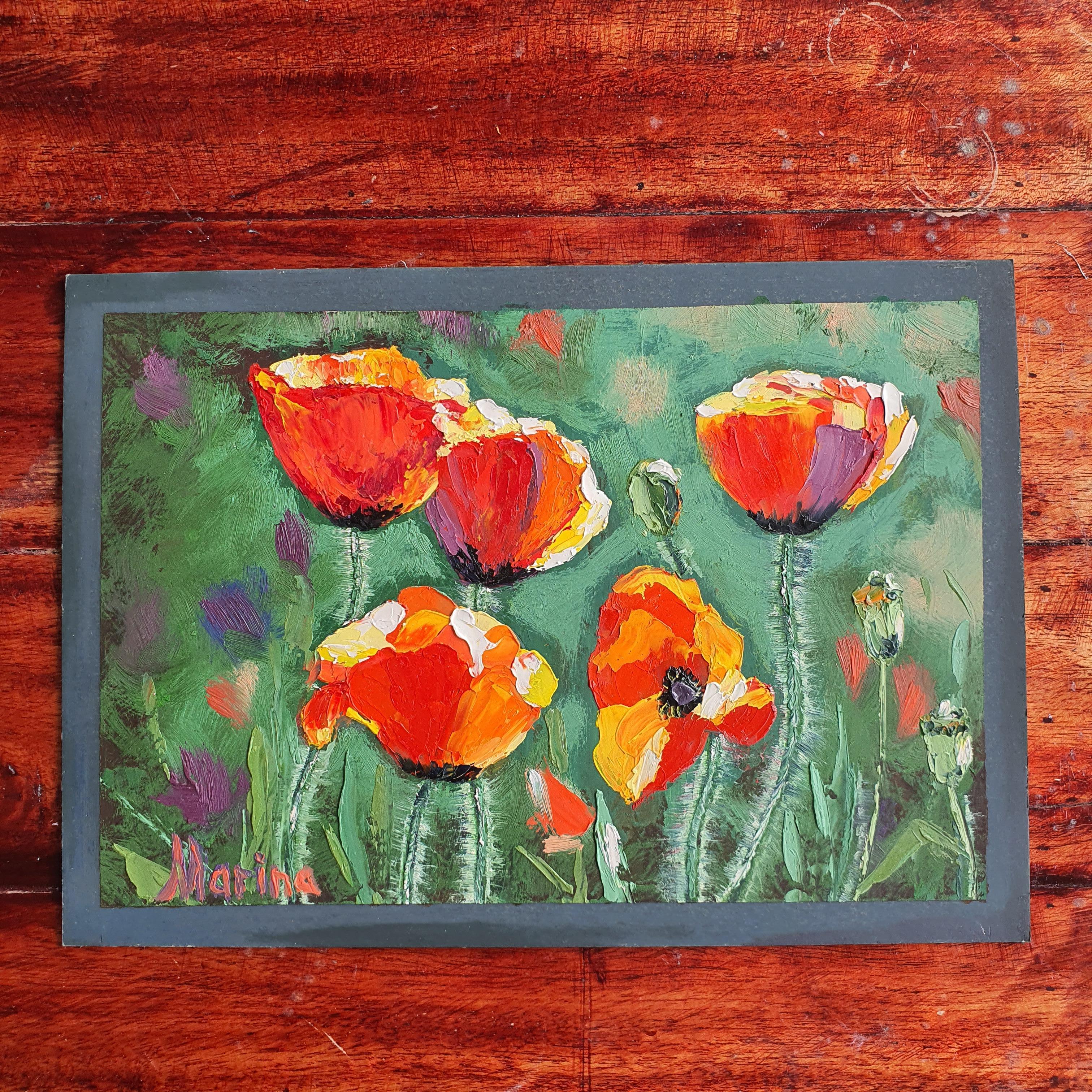 Quadro da giardino con papaveri rossi Arte floreale strutturata Opera d'arte originale a olio in vendita 4