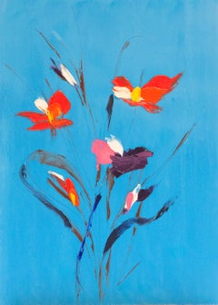 Red Poppy Flowers Painting Blue Background Modern Floral Minimal Art